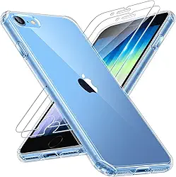 TAURI Capa para iPhone SE 2022/3rd/2020/2rd, para iPhone 8/7 transparente, [não amarela] com 2 películas de vidro temperado, [proteção contra quedas de grau militar] Capa fina para iPhone SE