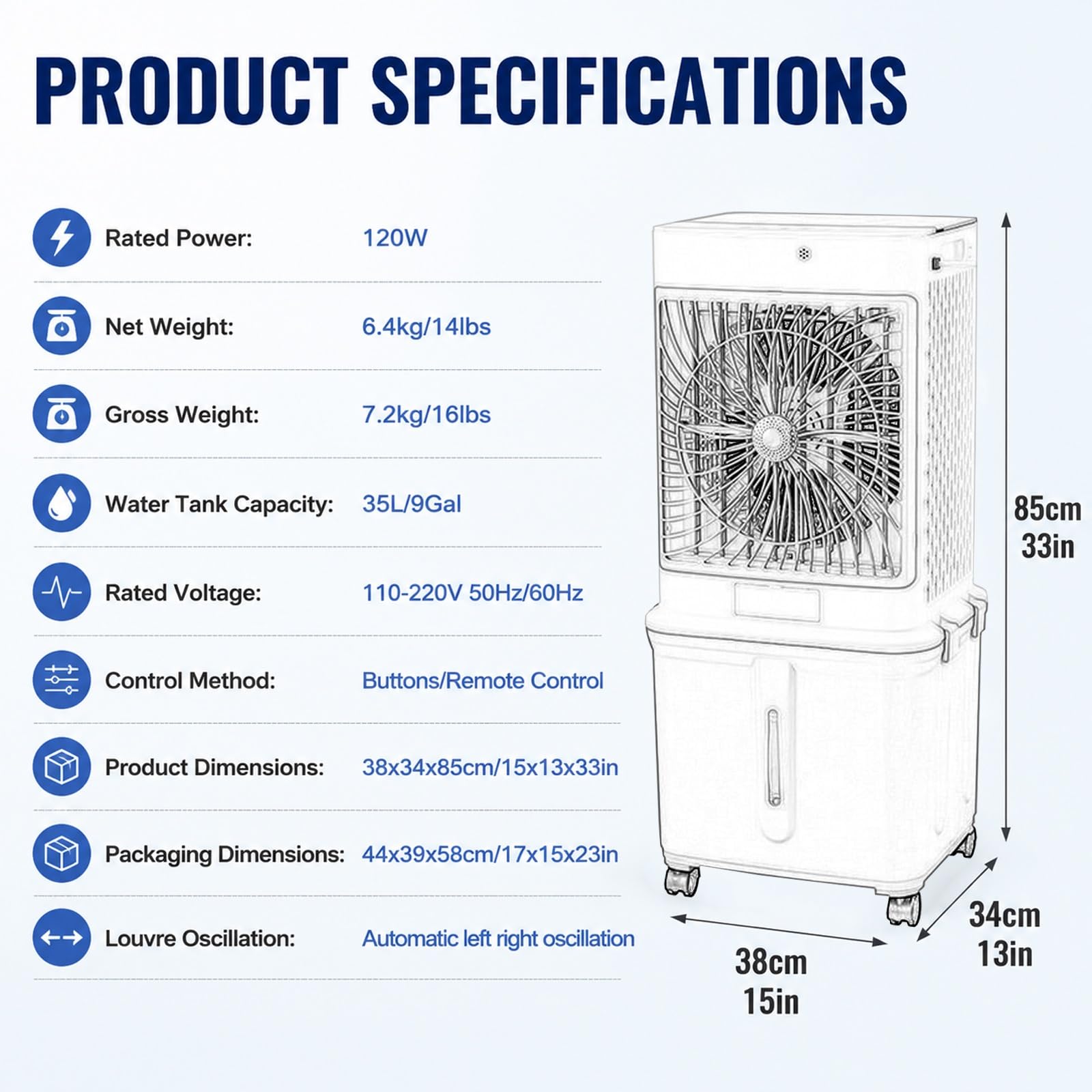 Aria Condizionata Portatile Serbatoio Dell'acqua Da 35L, Raffrescatore | Raffreddamento Rapido in 3 Minuti, Telecomando, per Soggiorno, Camera da Letto e Studio 38×34×85cm, 110-220V(Gray)
