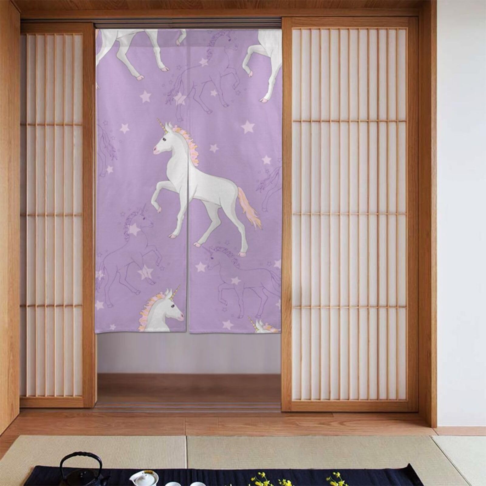 Rideau de porte BONDIJ lot de 2 style japonais noren licorne 86x142 cm