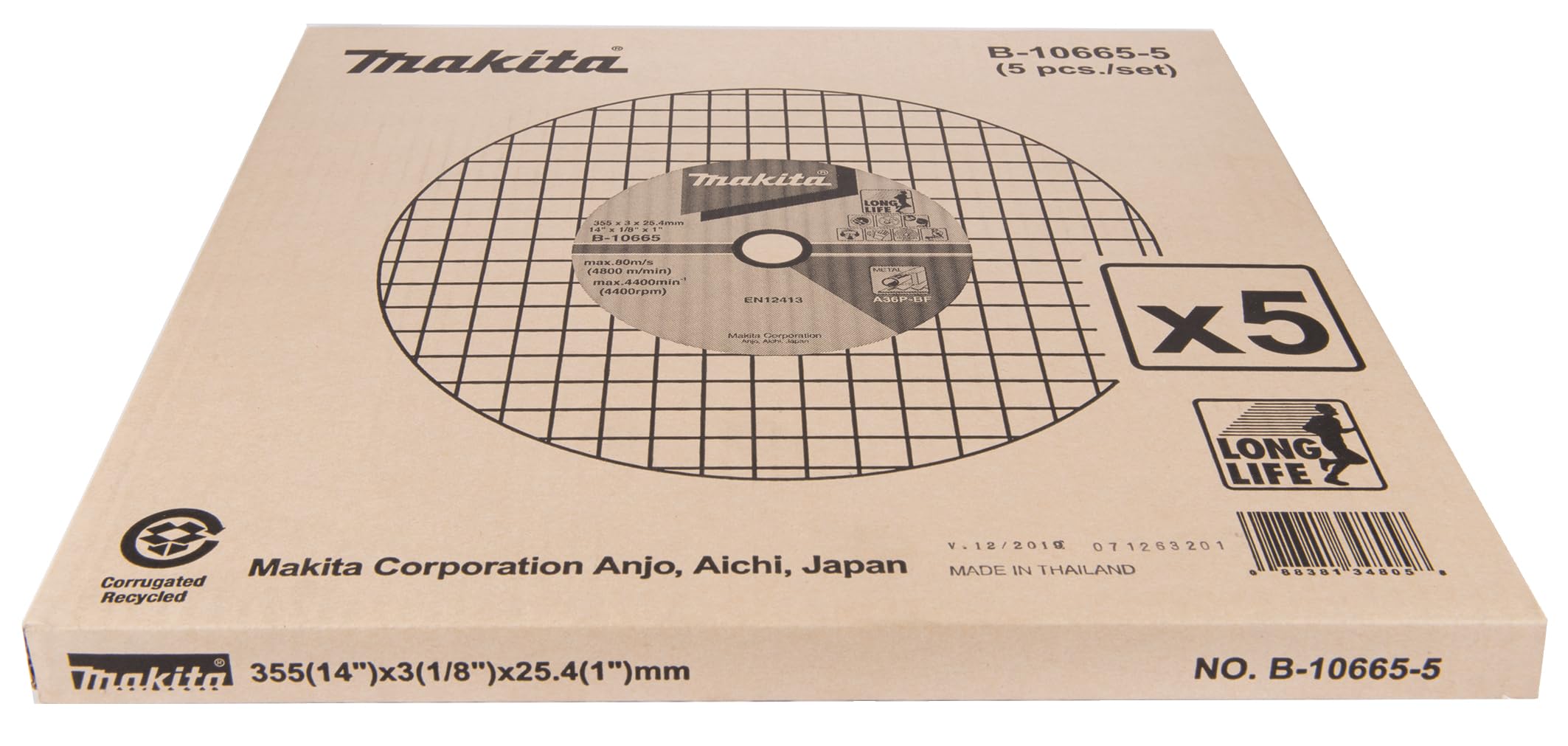 MAKITA B-10665-5 - Pack 5 discos abrasivos para corte de hierro 355x25.4 mm para cortadores 2414b y 2414nb