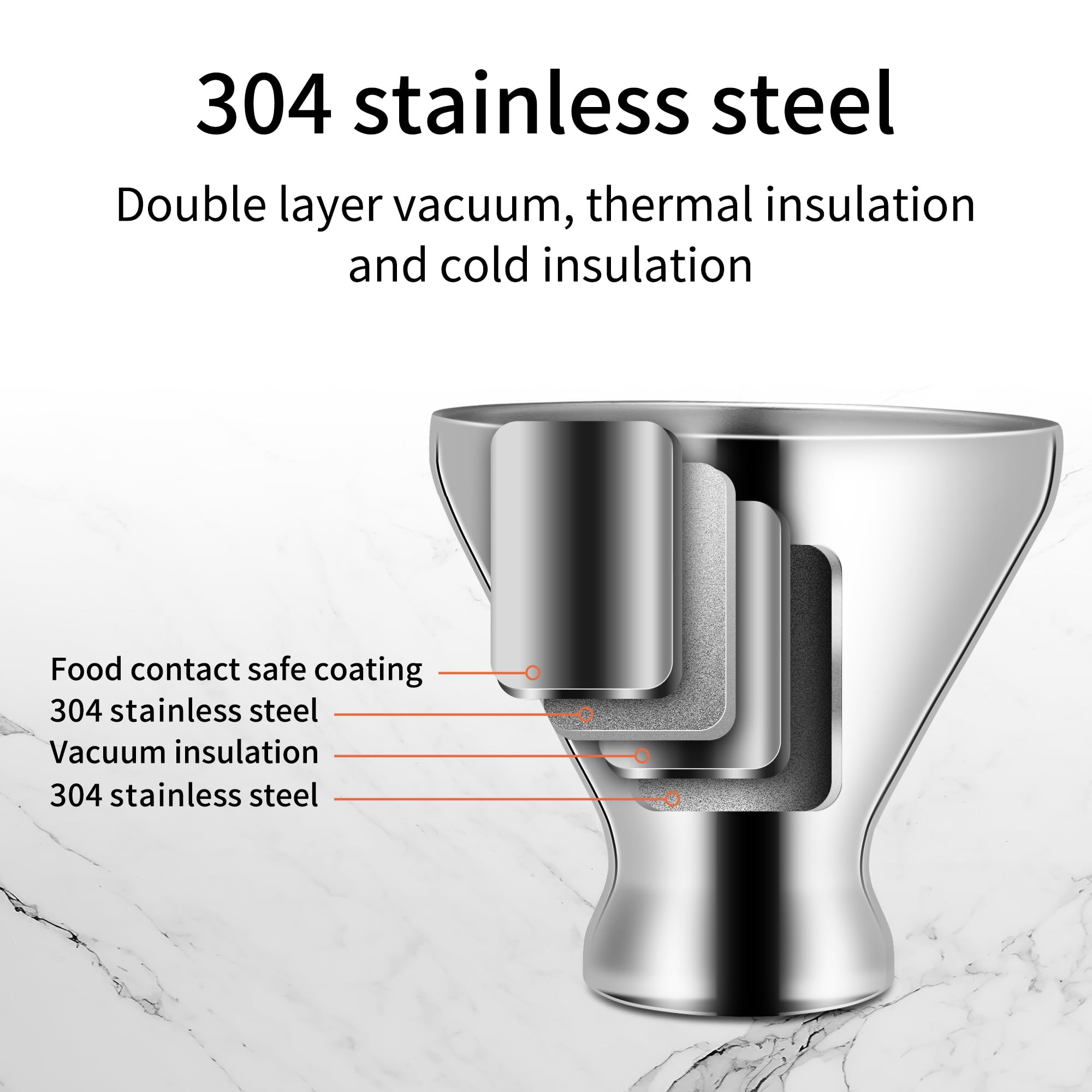 Bicchieri da Martini in acciaio inox con coperchio, a doppia parete, isolati sottovuoto, senza stelo, bicchieri da cocktail con cannuccia, set da 6, 295 ml, argento