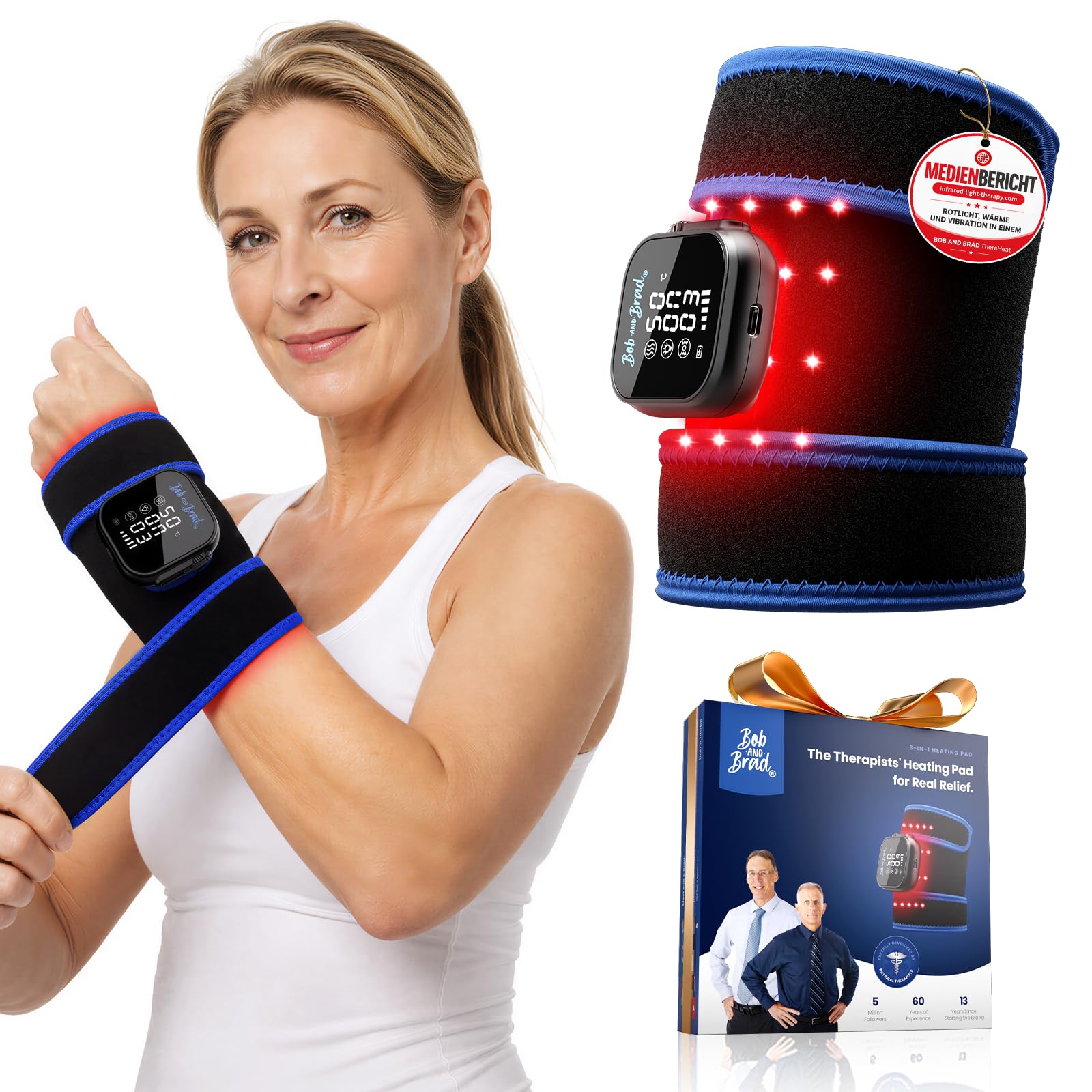 BOB AND BRAD TheraHeat Handgelenk Massagegerät mit Rotlicht & Wärme | 660/850 nm Rot- & Nahinfrarot mit Vibration; Handmassagegerät für Karpaltunnel Komfort & Arthrose, Geschenk für Sie & Ihn