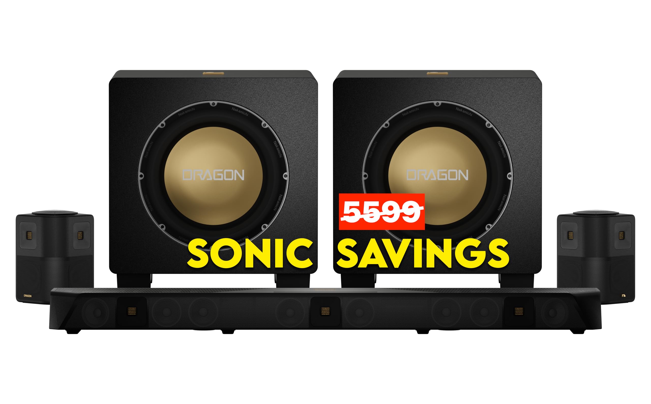 Nakamichi Dragon Home Surround Sound System with Dual 12" Subwoofers, Dolby Atmos and DTS:X Pro. Soundbar Meets AV Receiver