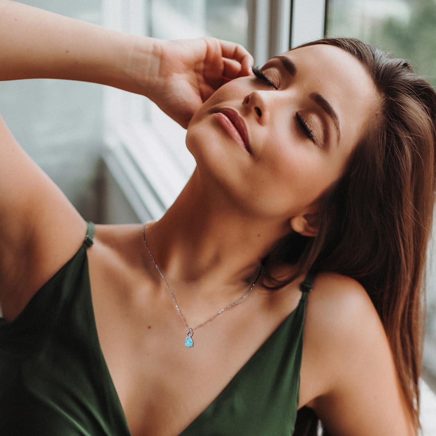 FANCIME 14K Solid White Gold Teardrop Pendant with Diamond Birthstone Necklace - Image 2