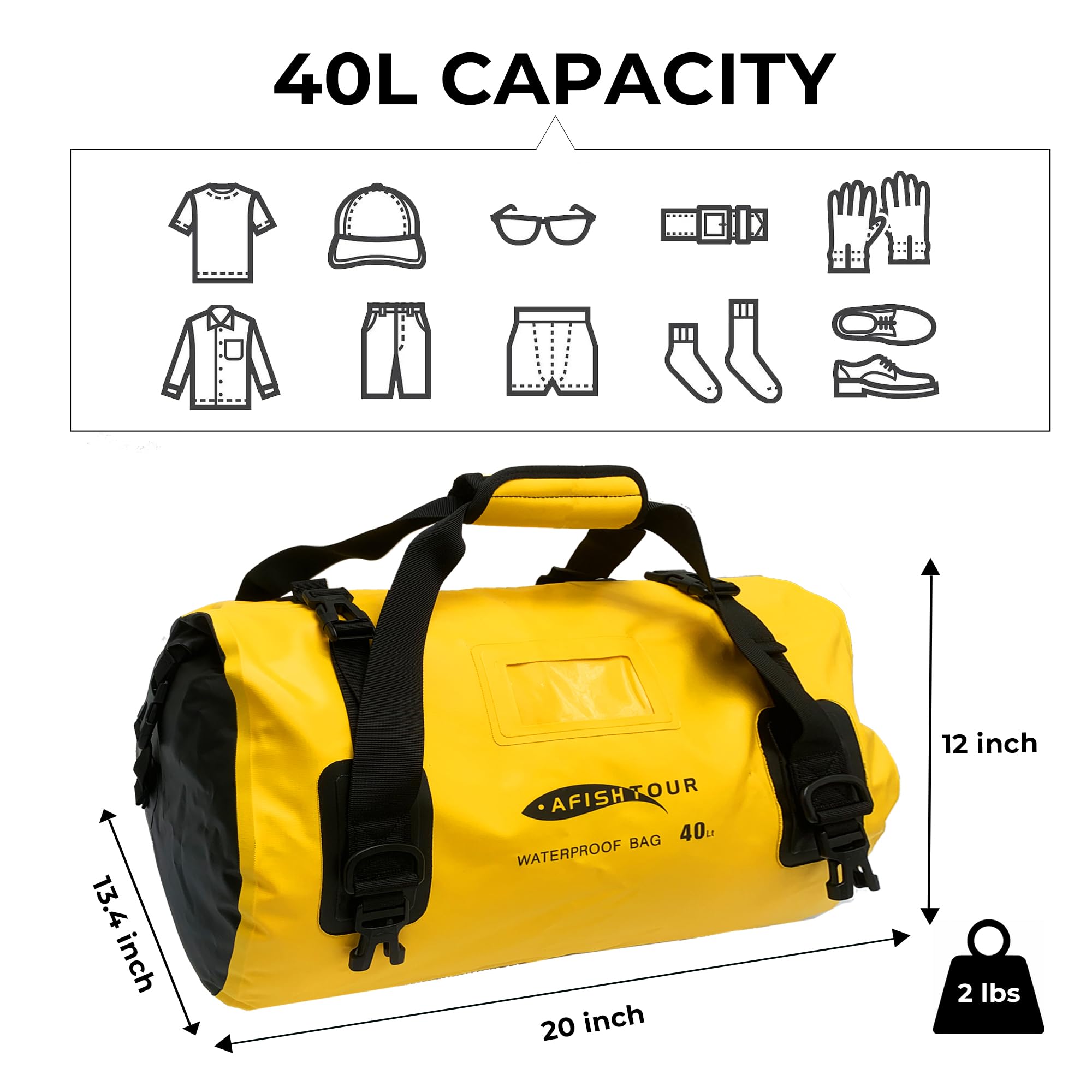 Wodoodporna torba sportowa na motocykl, 40 l, torba na tylne siedzenie, torba na tylne siedzenie, zwijana, na kajak, rafting, pływanie łódką, kemping, podróże, plażę, ŻÓŁTY, Large, Moda