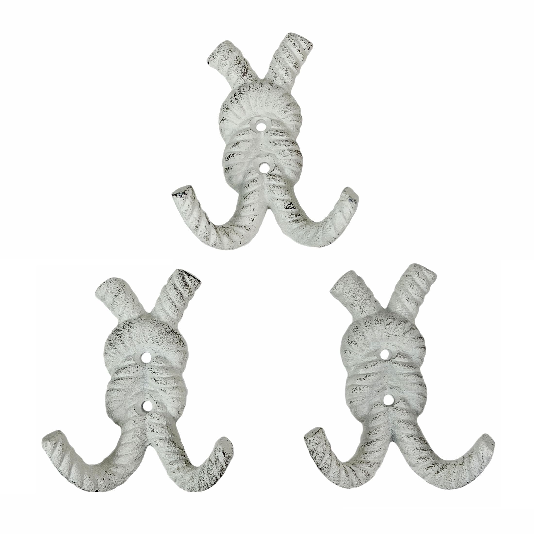 Zeckos Lot de 3 crochets muraux double en fonte avec nœud en fonte de 10,2 cm, décoration murale côtière blanc antique avec vis assorties pour plage, salle de bain, entrée, vestiaire ou chambre à