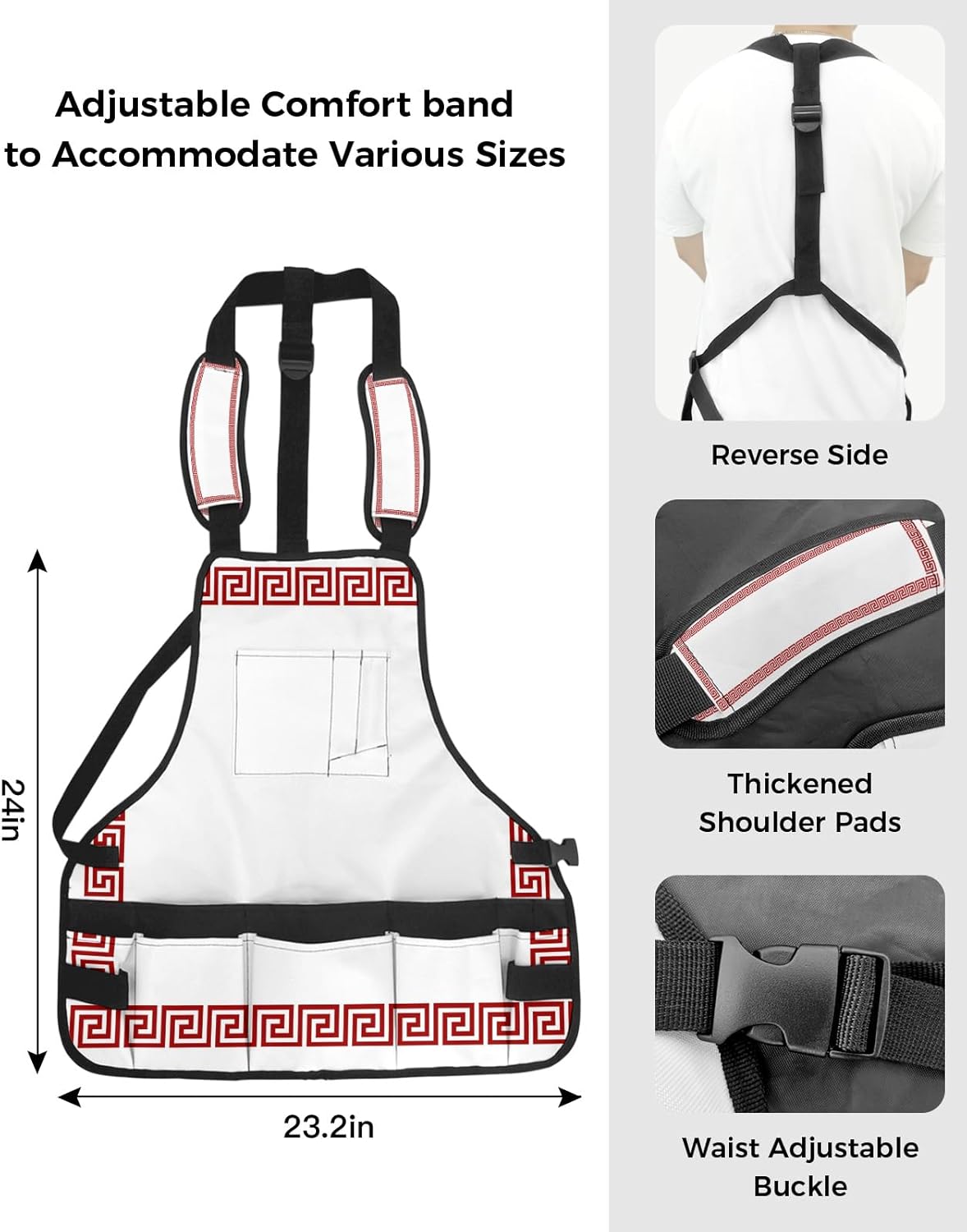 Work Apron for Men Adjustable Woodworking Apron with 16 Pockets Oxford Apron Artistic Geometric Border Red Tool Apron