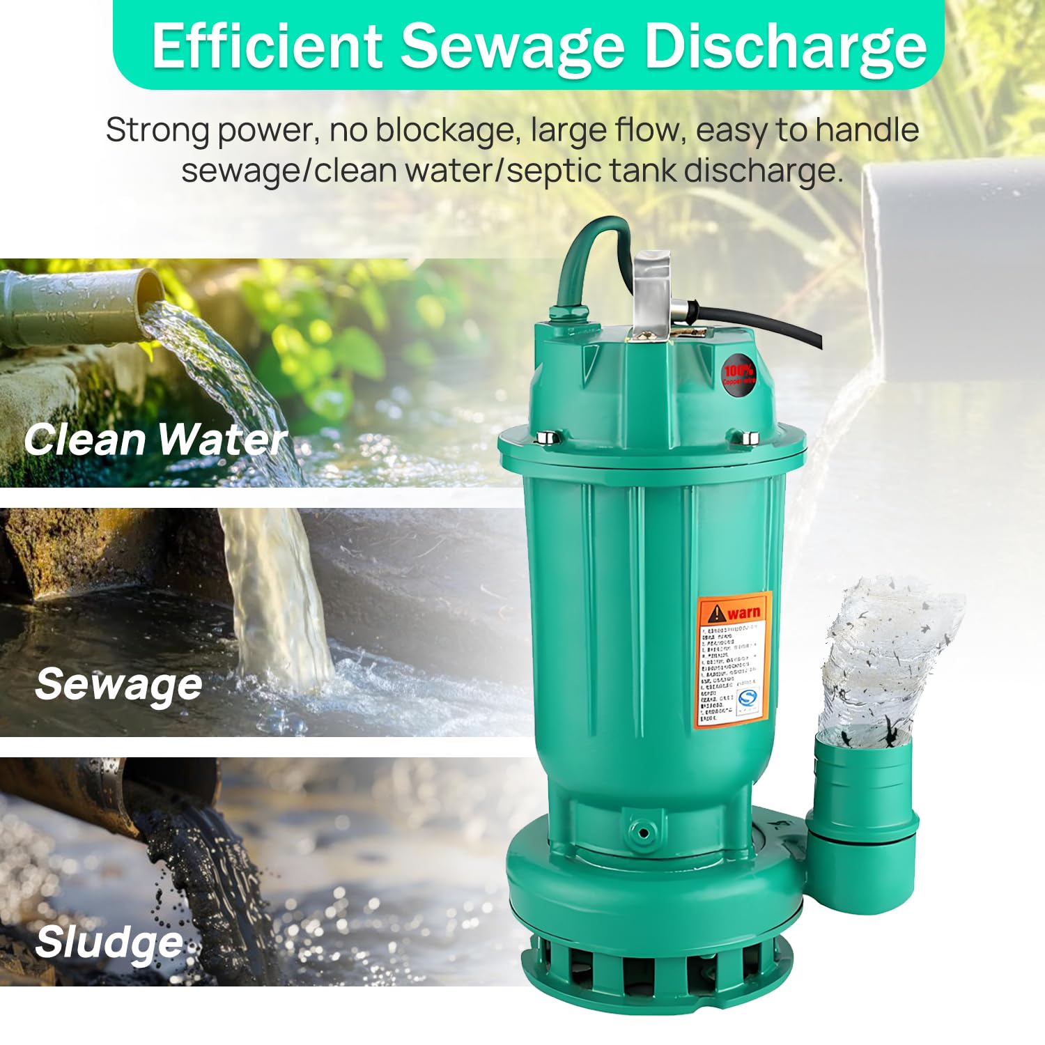 Bombas de aguas residuales Bonxrdun 1100W de alta potencia con capacidad de purificación de aguas residuales, para riego doméstico del jardín, drenaje de aguas residuales en pequeñas empresas