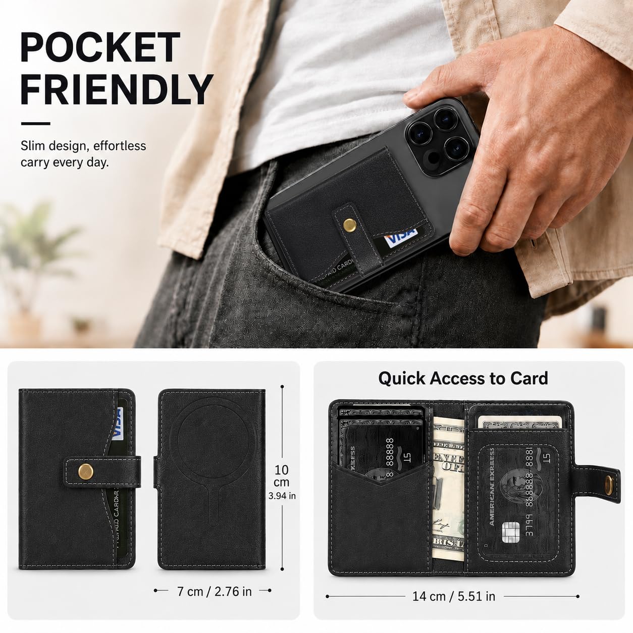Magnetic Wallet kompatibel mit MagSafe,RFID-blockierender PU-Leder Kartenhalter,4 Kartenfächer, Geldfach,Foto-ID-Fenster,Druckknopf,Magnetring inklusive,kompatibel mit iPhone&Android-Hüllen,Schwarz