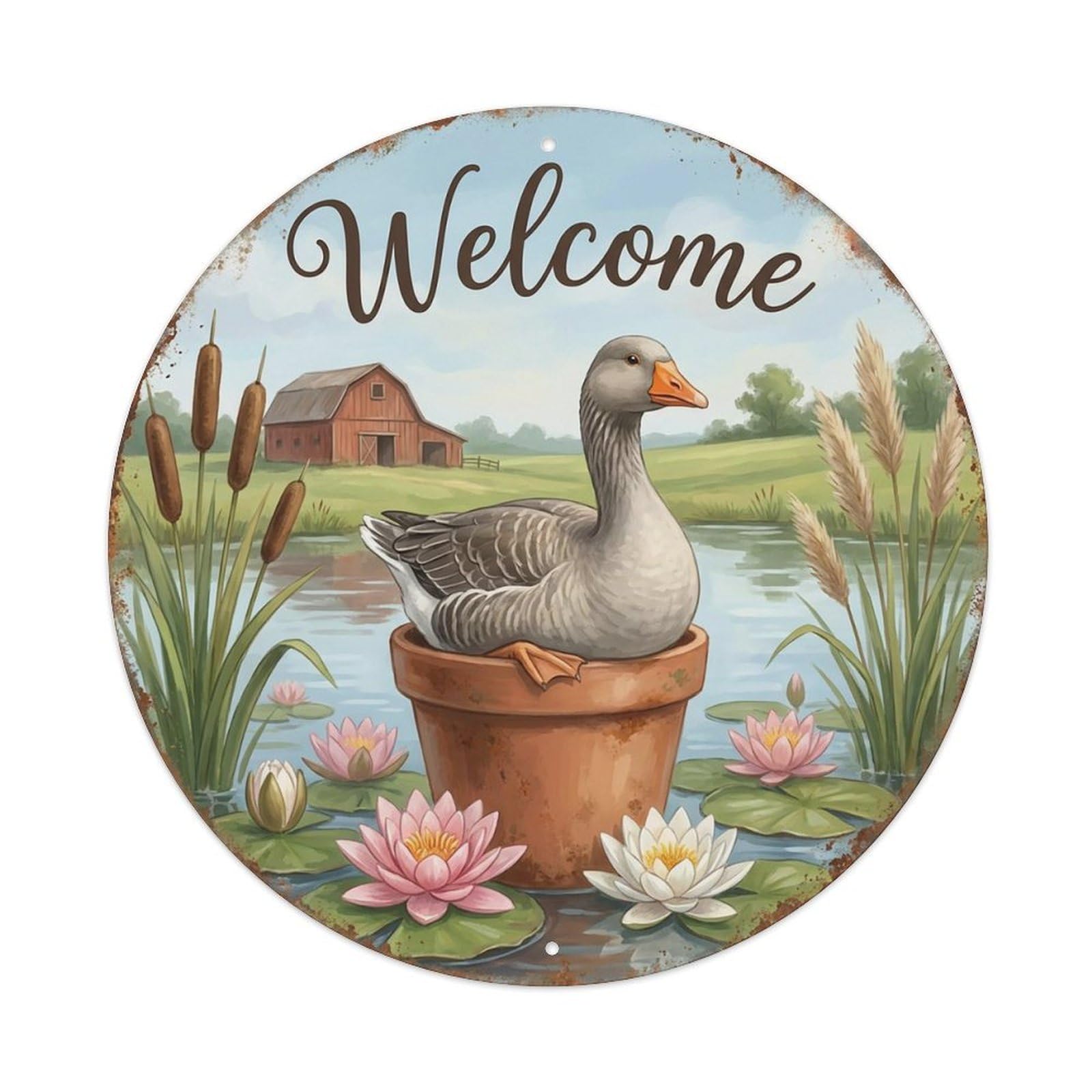 Welcome Goose Pond Lilies Vintage Metal Tin Sign Plaque Wall Decor for Cafe, Club Bar, Office, Garden Metal Poster 8x8Inch