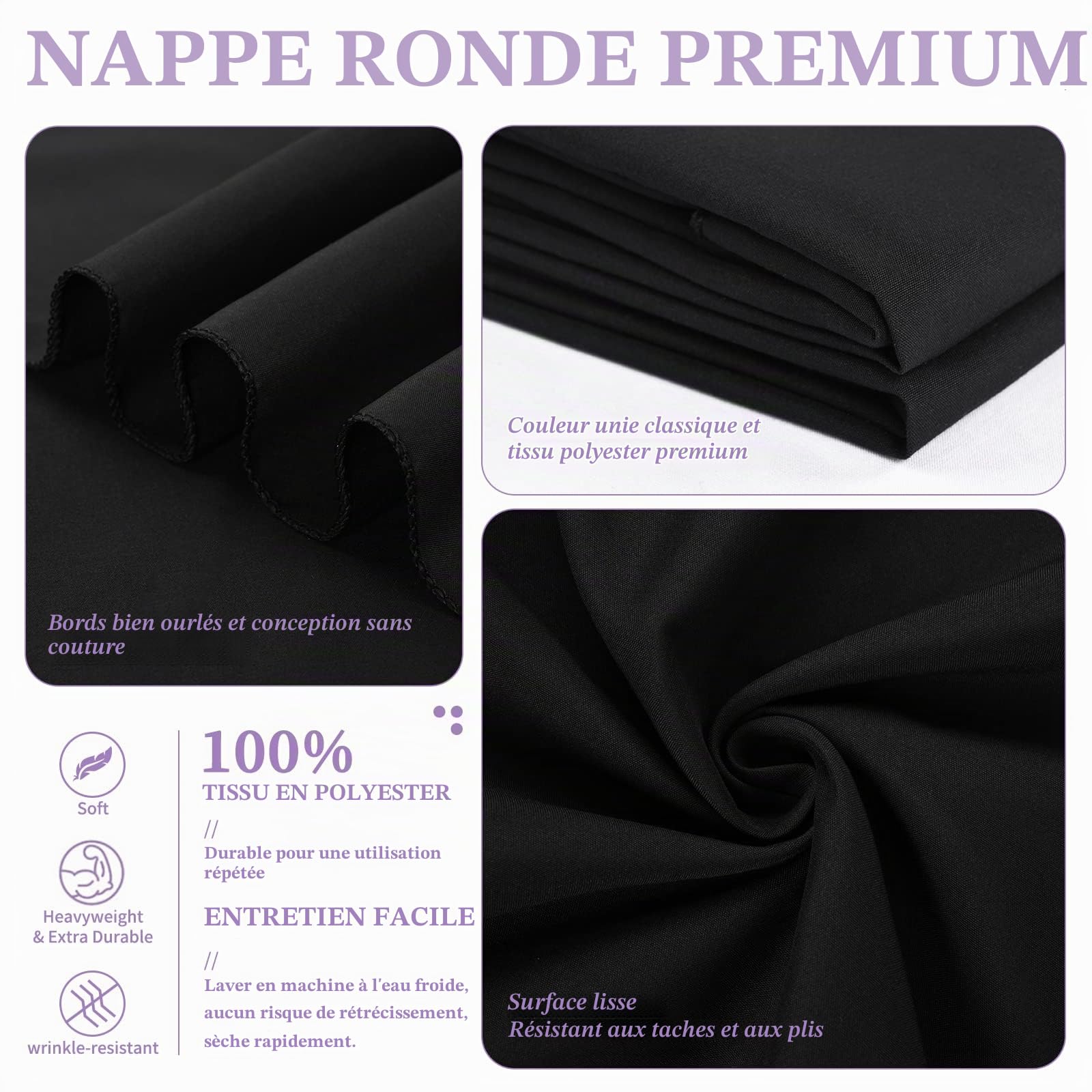 Showgeous Lot de 4 Nappes Rondes Noires 305cm en Tissu Polyester Lavable pour Mariage, Banquet, Buffet, Restaurant
