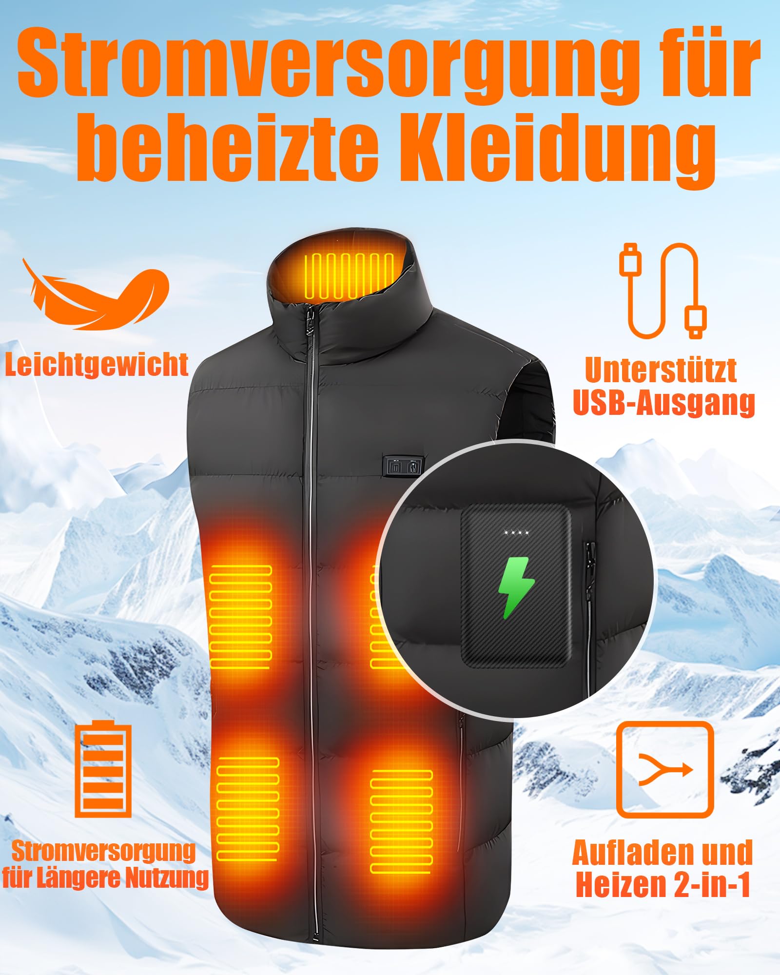 7.4V 10000mAh Powerbank für Heizweste, Jacke, Hose, Mantel und Unterwäsche, Ersatzakku für DC Beheizbare Kleidung