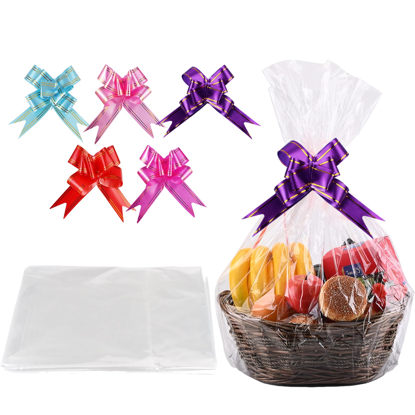 5 Sacchetti Regalo In Cellophane Trasparenti Extra Grandi 60x76 Cm Con Fiocchi - Perfetti Per Cesti, Fiori, Bottiglie E Confezioni Fai Da Te