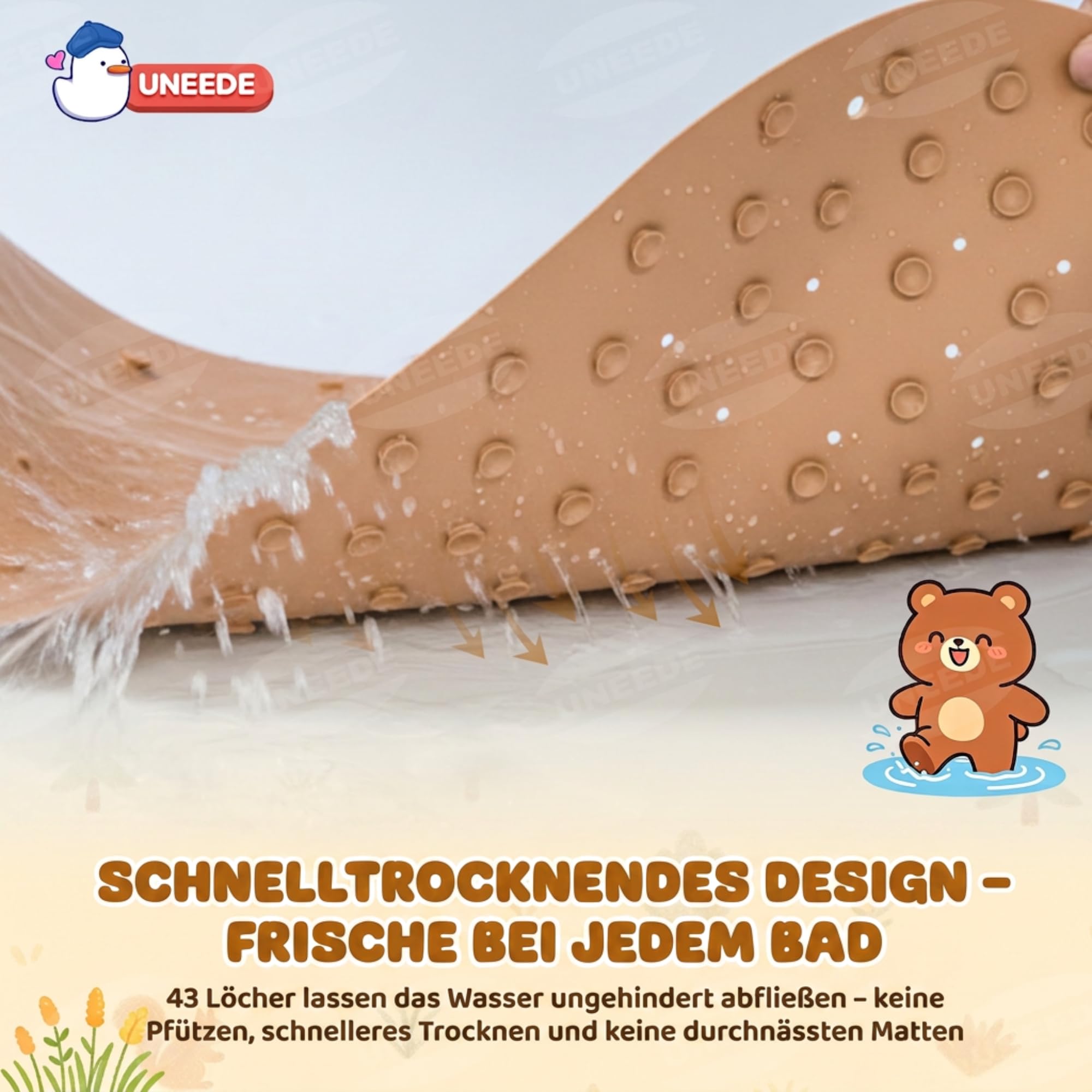 UNEEDE Bären Antirutschmatte Badewanne Kinder, 76x45cm Babybadematte aus Naturkautschuk, rutschfeste Badewannenmatte mit 126 Saugnäpfen & 43 Abflusslöchern, maschinenwaschbar