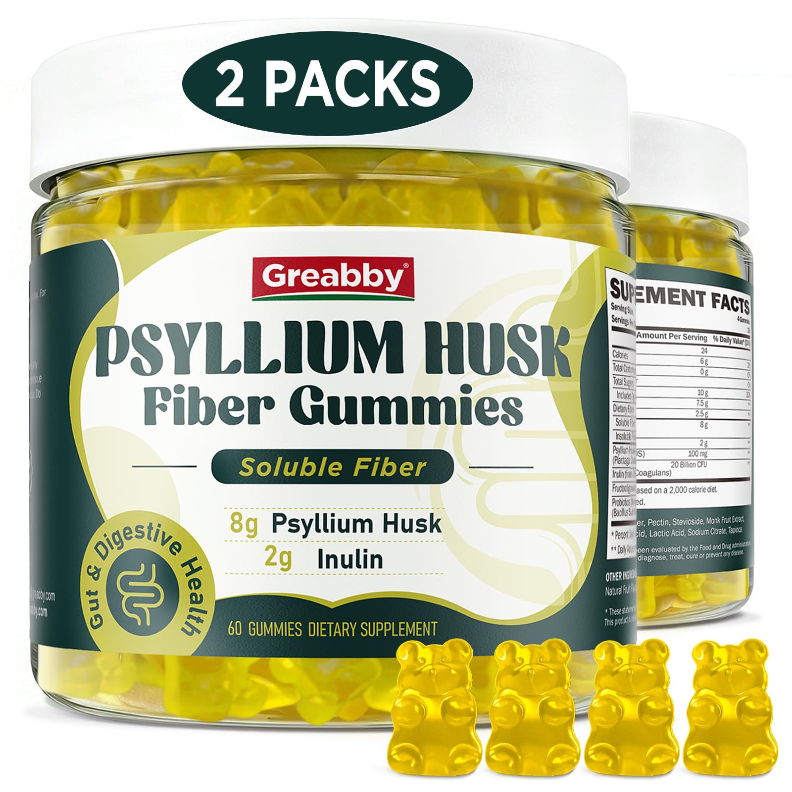 Psyllium Husk Fiber Gummies for Adults, 10g, Inulin Soluble Fiber, 120 ct