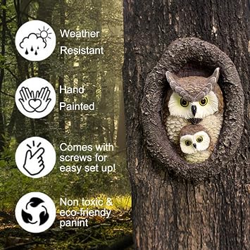 Owl Tree Hugger Whimsical Tree Sculpture Garden Statues Outdoor Tree Face Decor Garden Peeker Yard Art Decorations (Mom and Baby Owl)