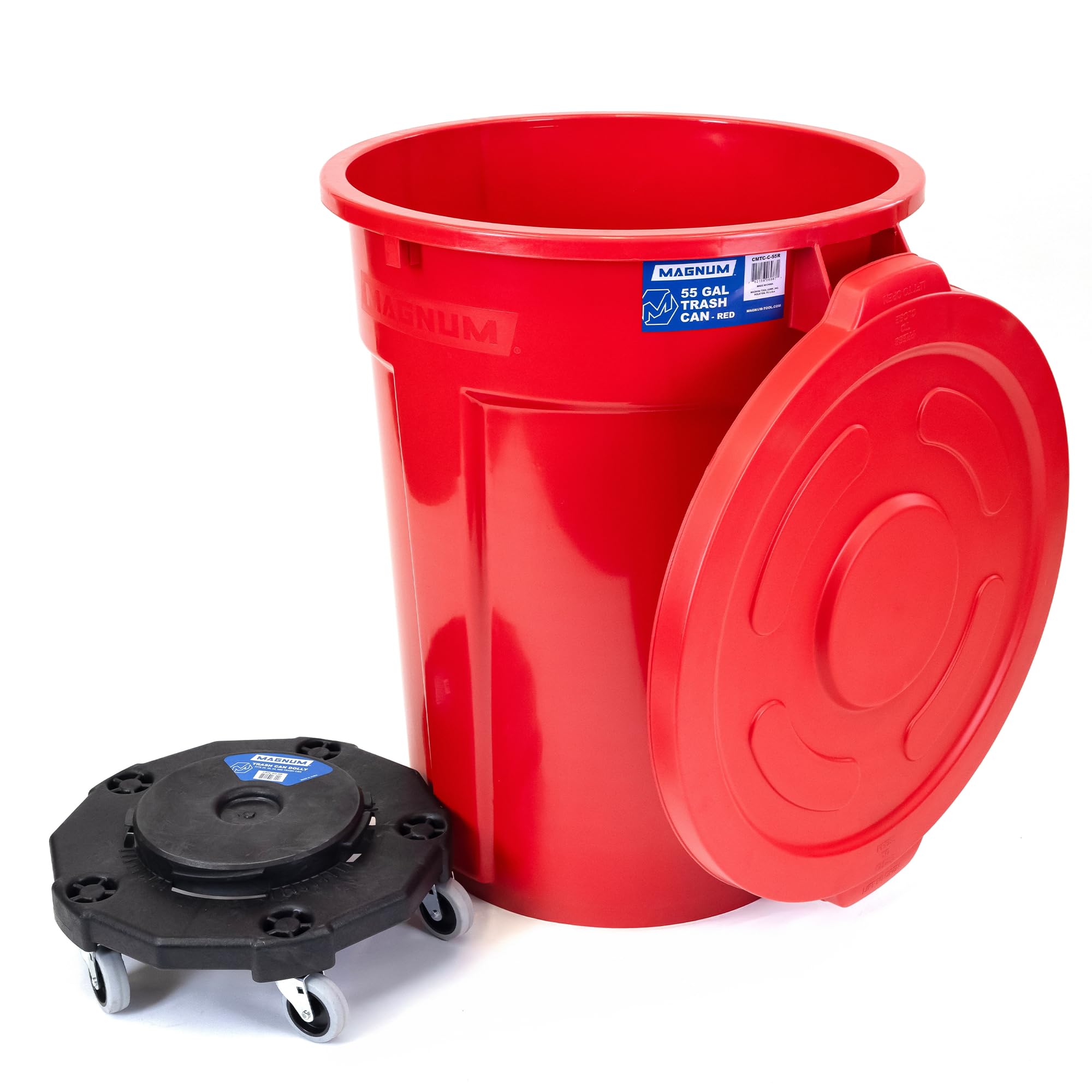 Magnum Red 55 Gallon Trash Can Set (Trash Can, Quiet Dolly, and Reinforced Lid), Construction Grade, Jobsite Ready, Non-Marking Wheels & Casters for
