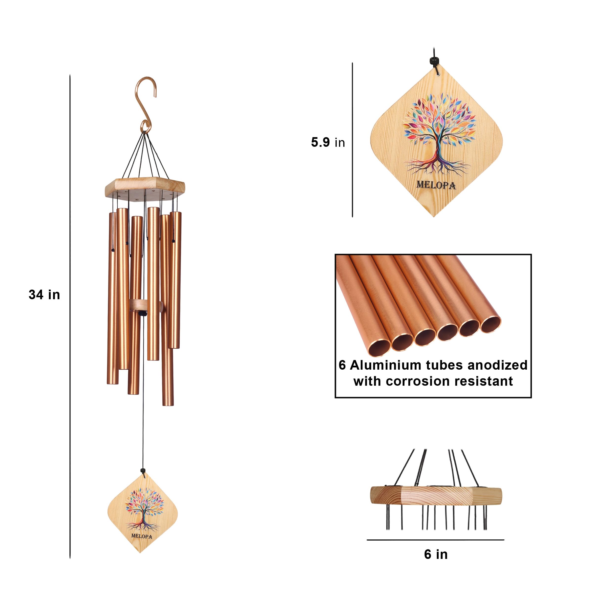 33" Rose Gold Wind Chimes - Relaxing Sounds FREE SHIPPING -4