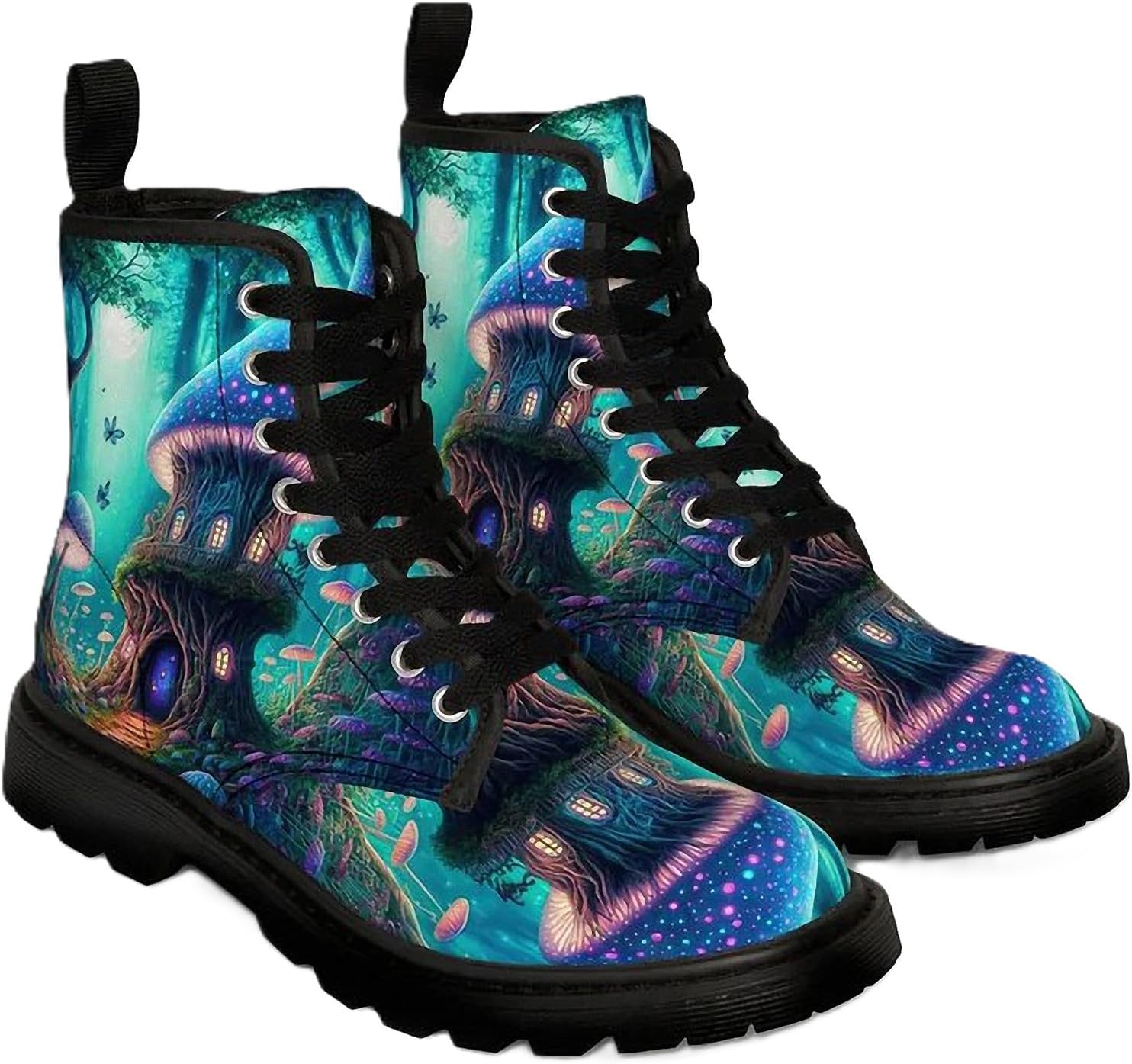 Ulalaza Women’s Mushroom Print Mid-Calf Combat Booties Round Toe Low Platform Heel Lace Up Graphic Printed Fashion Ankle Boots for Street Style Daily Party Wear, A09, 6