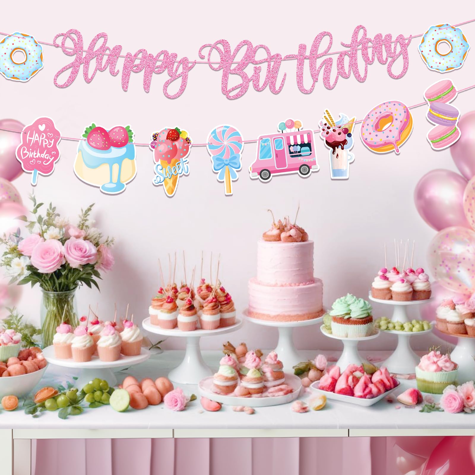 Sweet Pink Birthday Decorations - Donut & Ice Cream Theme Party Banner For Girls 1st 2nd 3rd 4th Birthday