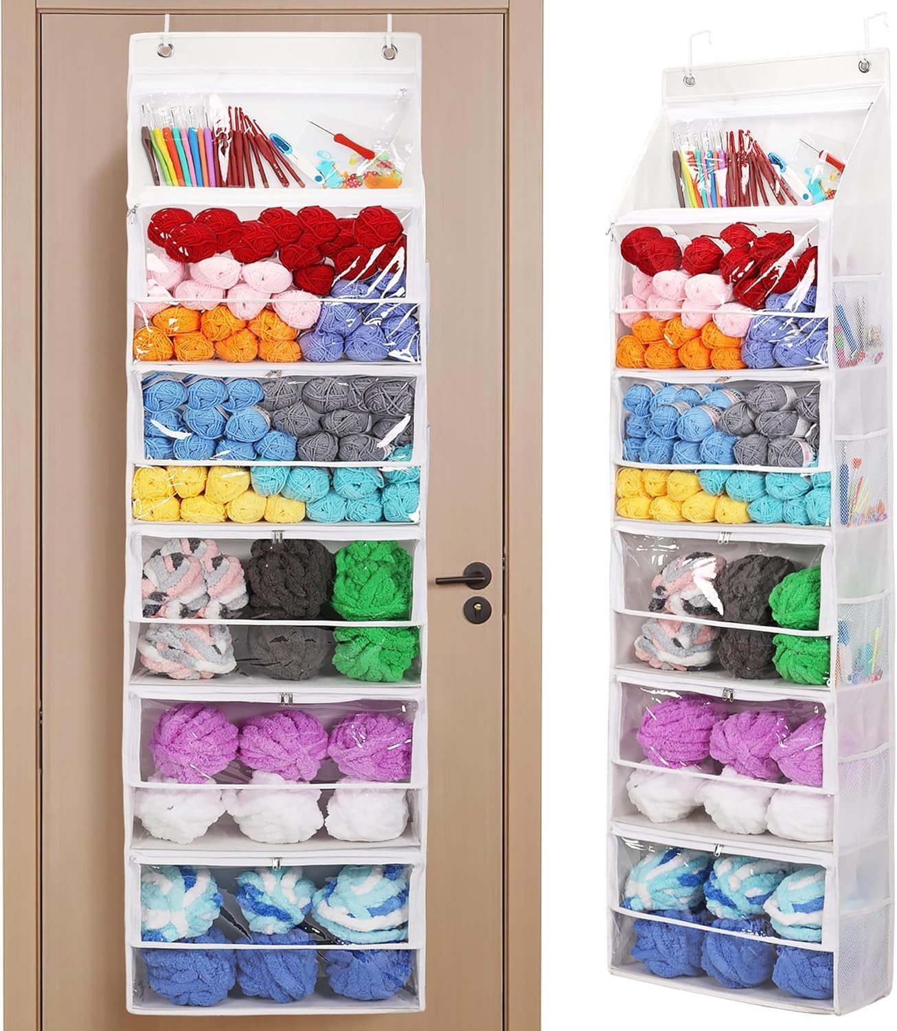 Hanging Yarn Storage Organizer with 6 Zipper Closure Compartments, Large Capacity Crochet Storage Organizer, Over The Door Yarn Holder for Knitting Needles, Crochet Hooks, Clear White