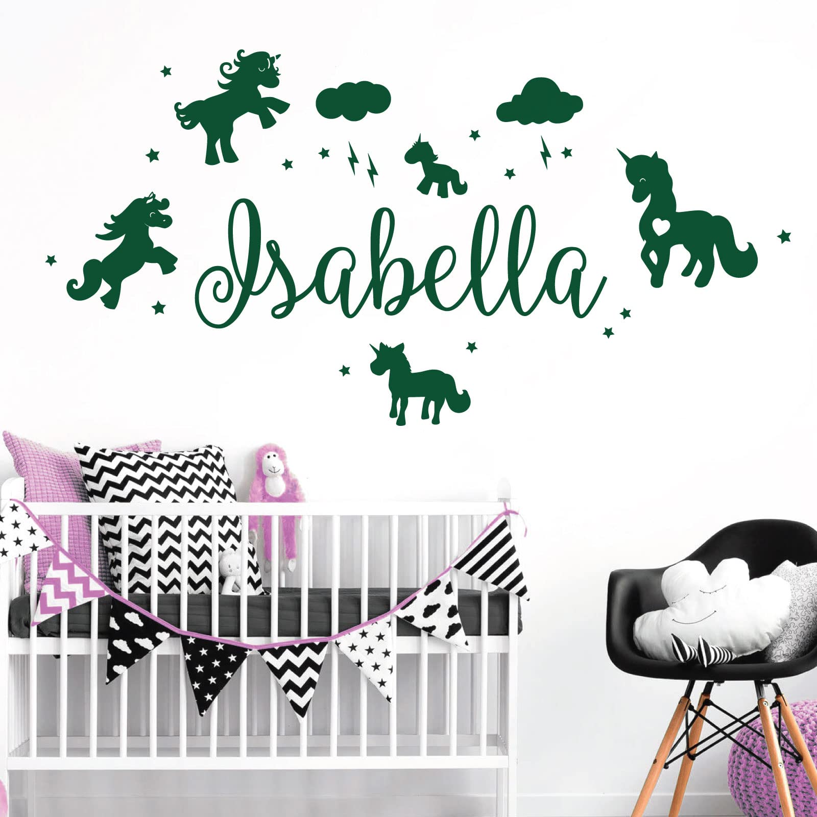 Unicorns, Stars & Clouds - Personalised Name Girls Wall Art Sticker [Large] [Forest]