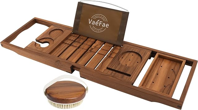 Teak Bath Tray, Expandable Bamboo Bath Caddy with Ipad & Phone Holder, Wine Glass, Book, Tablet, Extendable /Adjustable Bridge Luxury Wood Bathtub Caddy Tray, Bathtub Tray- A Free Teak Body Brush