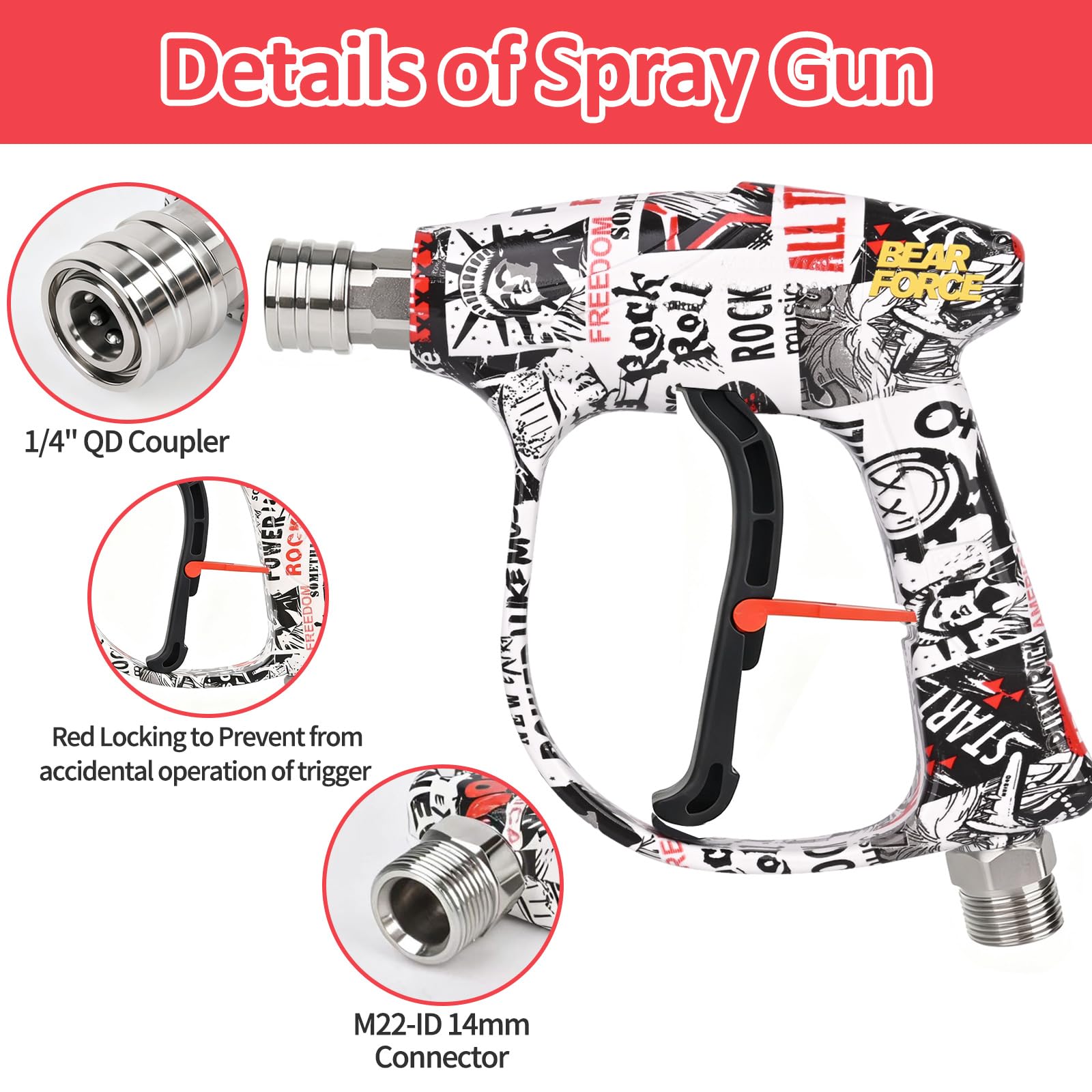 BEAR FORCE Pistola idropulitrice 3000 PSI con mini cannone in schiuma da 32 once e ugello orifizio 1,10 mm, pistola a spruzzo regolabile per idropulitrice, pistola a spruzzo con attacco rapido