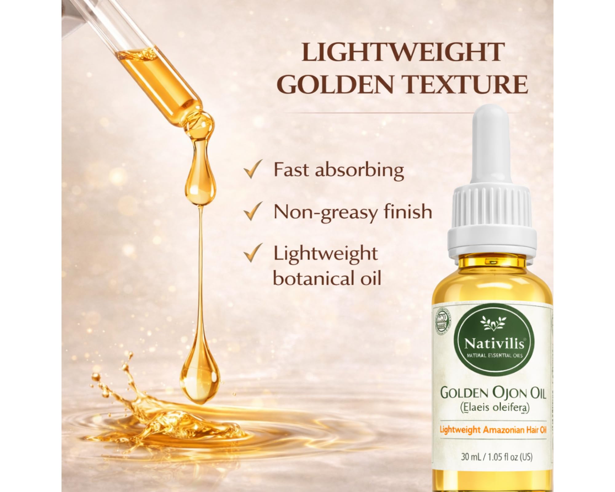 Nativilis Ojon Caiaue Golden Oil - Potenciador natural de la piel del cabello Rainforest Virgin Oil - Revitaliza los folículos dañados Cabello - Copaiba