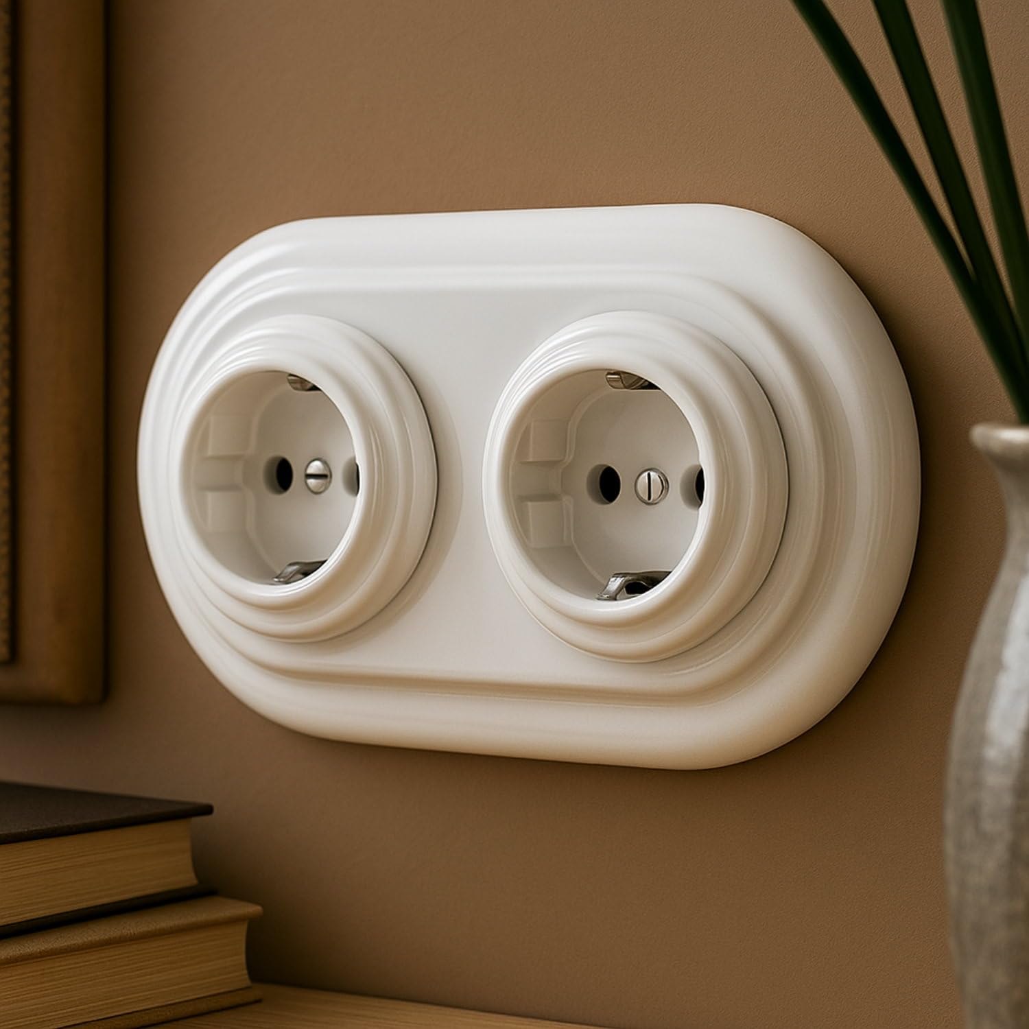Podtynkowe gniazdko porcelanowe retro 2-drożne, All-in-One, SET seria PR1 białe