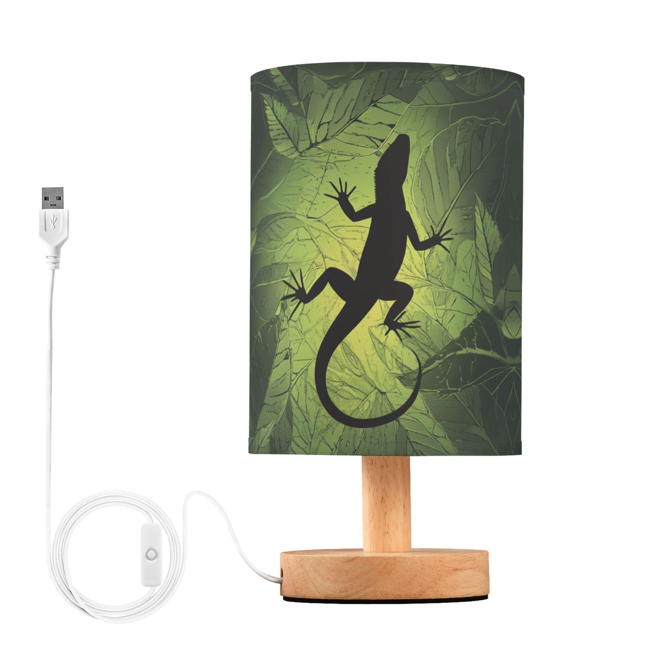 Lámpara de mesa con forma de gecko de lagarto camaleón sobre hoja verde, lámpara de mesita de noche con base de madera, pantalla de tela, lámpara de escritorio para sala de estar, dormitorio