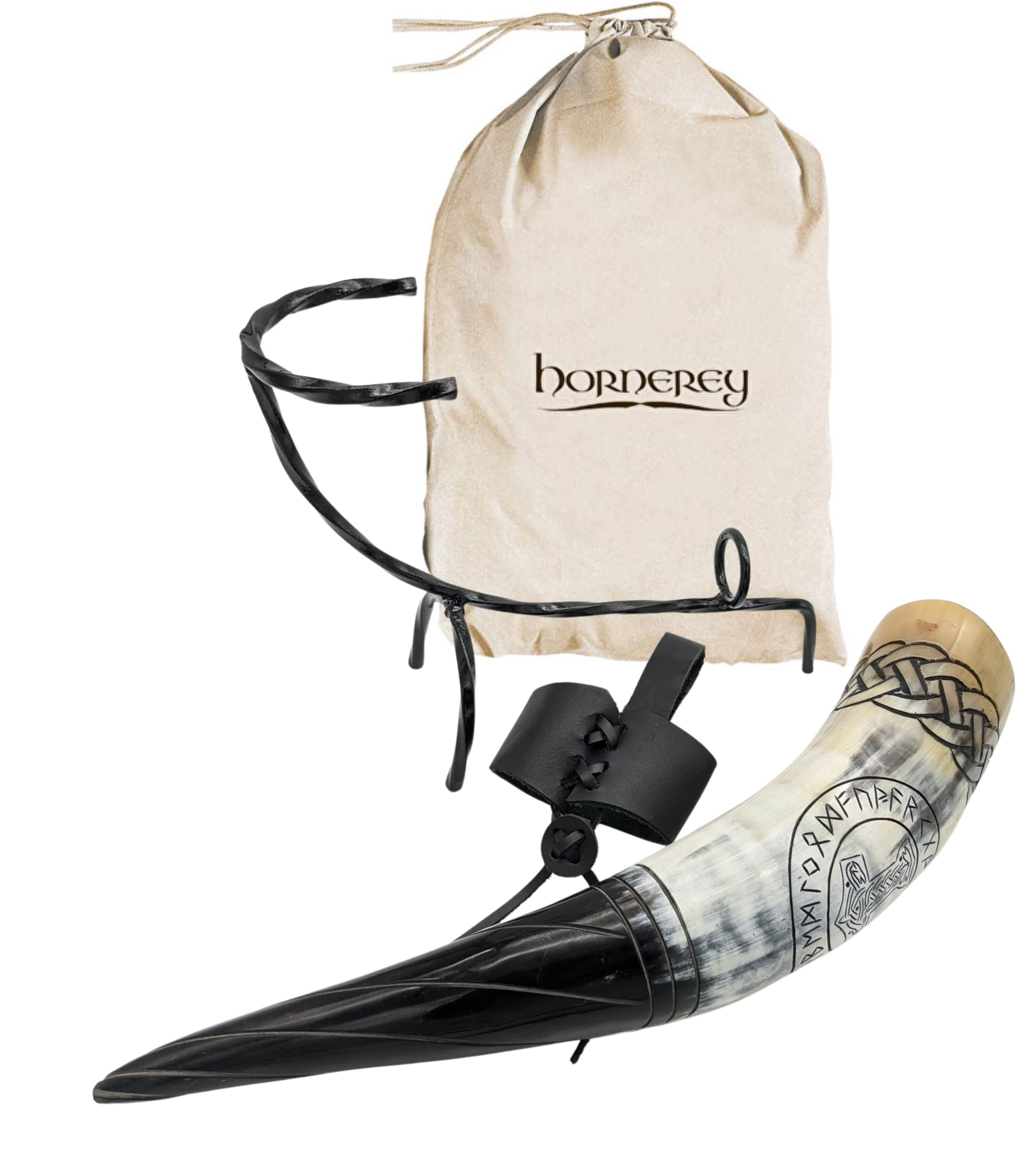 Corne à boire de Thor, 500 ml, Médiévale, Gravures nordiques, Mjölnir et nœuds nordiques, Kit Viking avec support et porte-ceinture en cuir