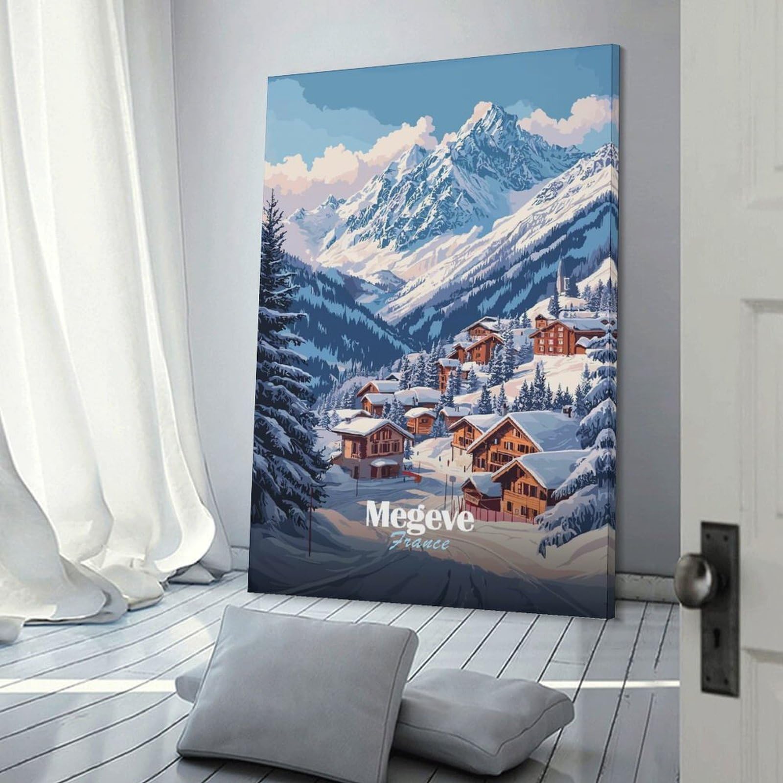 Junmoney Megeve, France Winter Landscape Decorative Wall Artwork 24x36inch(60x90cm), for Living Room, Bedroom, Office Or Hallway, Decorative Artwork with Broad Appeal