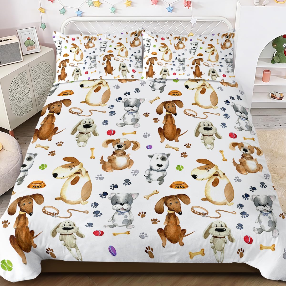 BlessLiving Kids' Duvet Cover Sets Animals Pastel Duvet Covers Cartoon Dogs Paws Pattern Bed Sets 3 Pieces 1 Duvet Cover and 2 Pillow Cases Cute Puppy Dogs Bedding for Kids (Double)