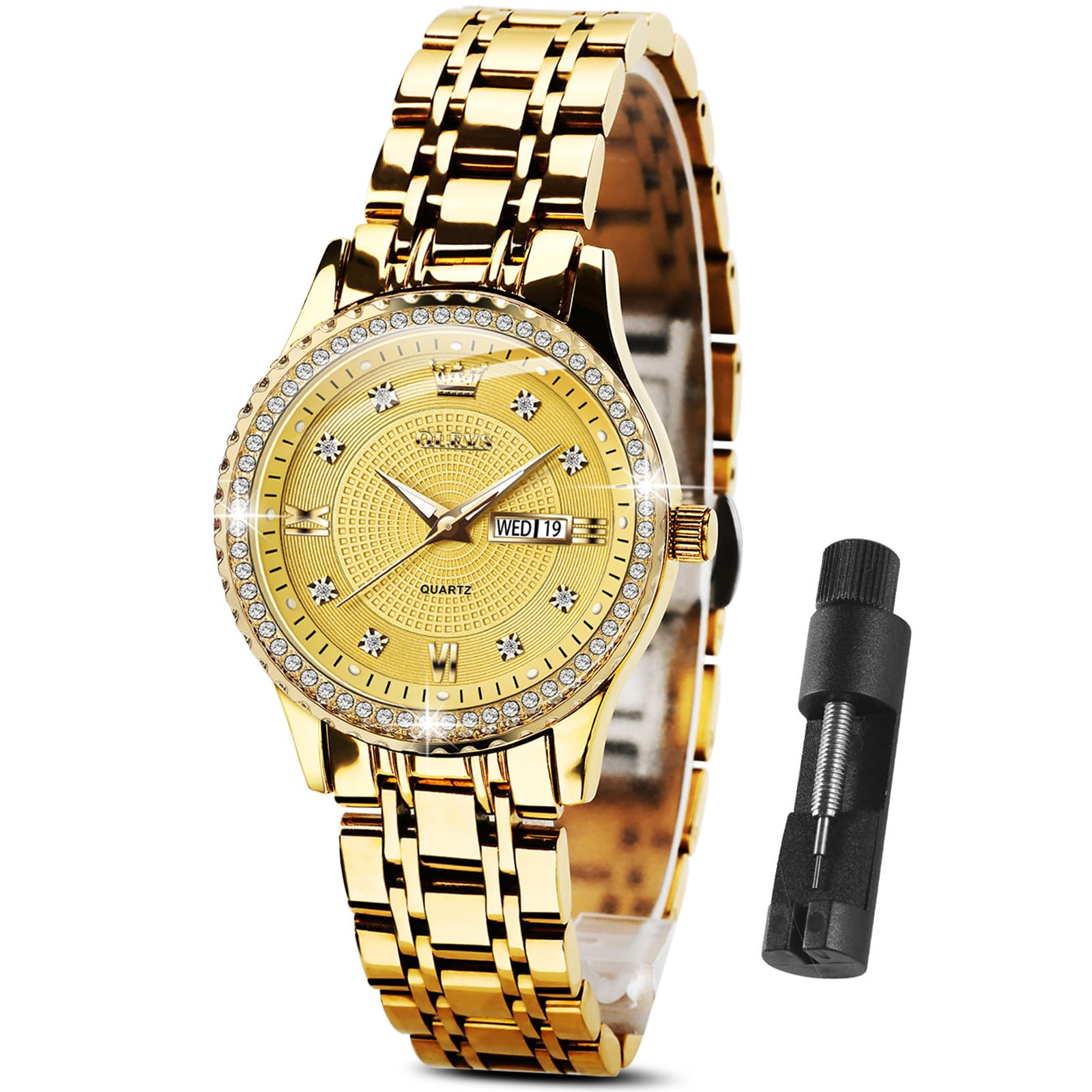 Watches Women with Date Silver Stainless Steel Luxury Ladies Watches with Small Writs Diamond Watches for Women Waterproof Elegant Dress Quartz Analog Women's Wrist Watches Dress, Gold Women