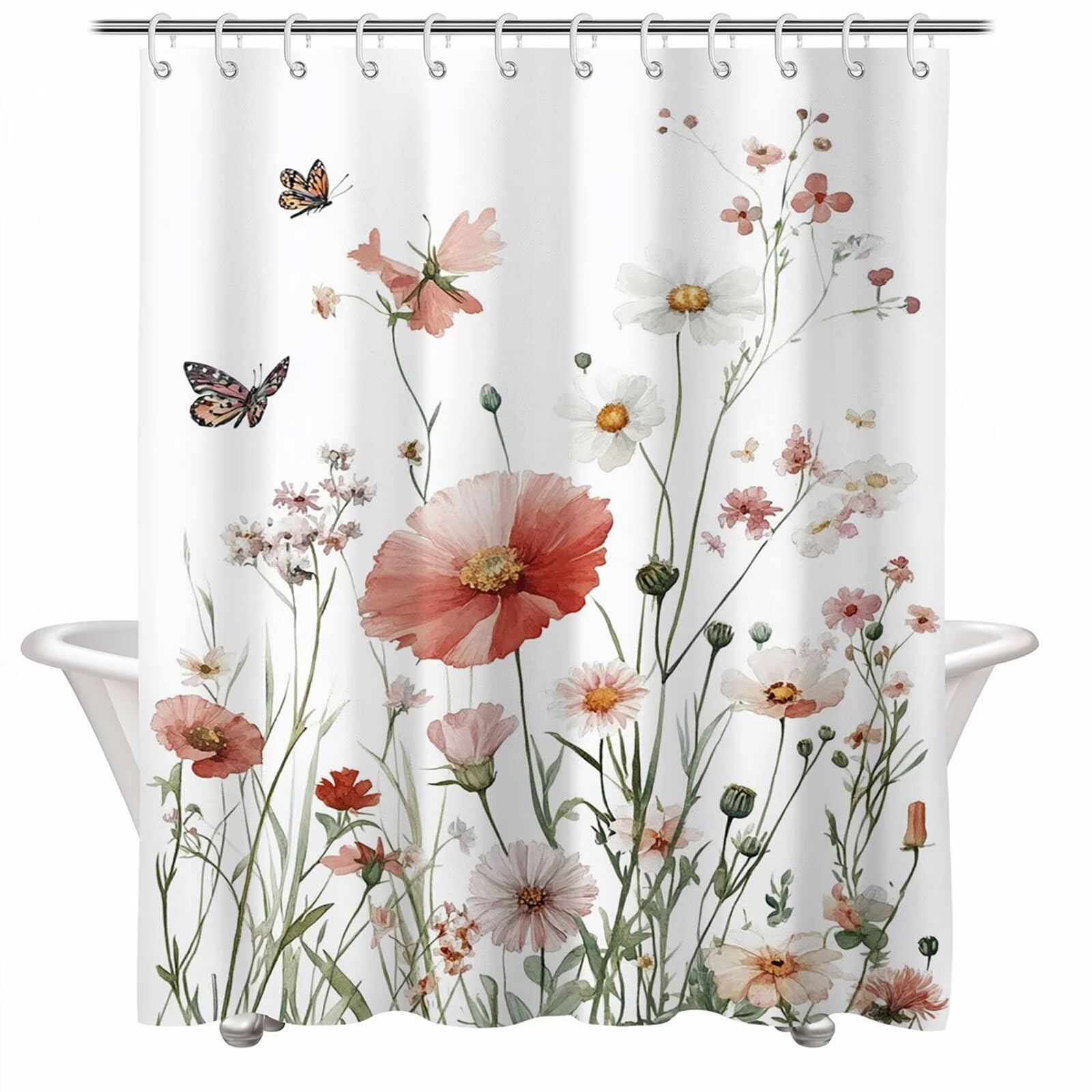 Rideau Douche Blanc Rideau de Douche Anti Moisissure Imperméable Tissu Polyester Shower Curtain avec Ourlet Inférieur Lesté, 12 Crochets Lavable Shower Curtain pour Décor 220 x 200 cm Plantes 3Y#177