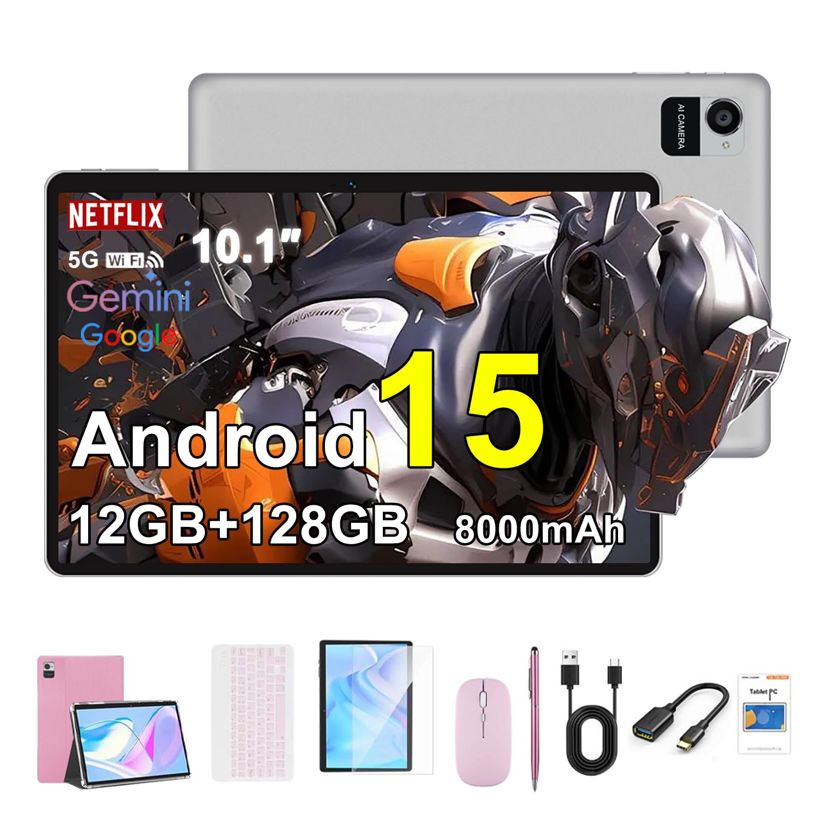 Crelander 10,1 Zoll Android 15 Tablet, 12GB+128GB Android Tablet, 8000mAh Akku, 1280x800 Touchscreen, 5G Bluetooth/WiFi, Bundle mit Hülle, Tastatur, Maus & Stylus (Rosa)