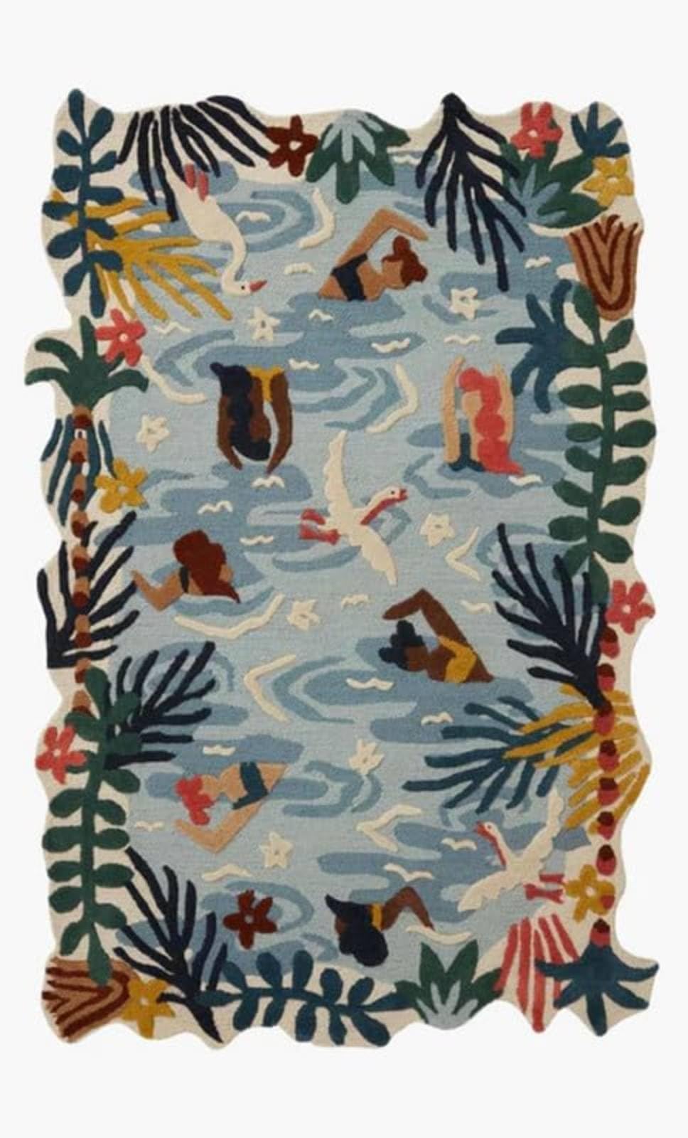 Handmade Tufted Irregular Shape Wool Area Rug Botanical Design, Thick & Soft Carpet for Living Room, Bedroom Hall Room Color Multi Size 3x5 feet (90x150cm)