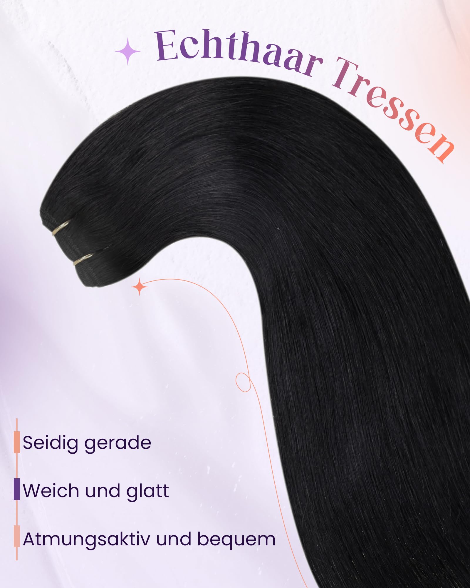 LaaVoo 60cm Echthaar Tressen zum Einnähen Schwarz #1 Remy Menschliches Haar 120g Glatt Extensions