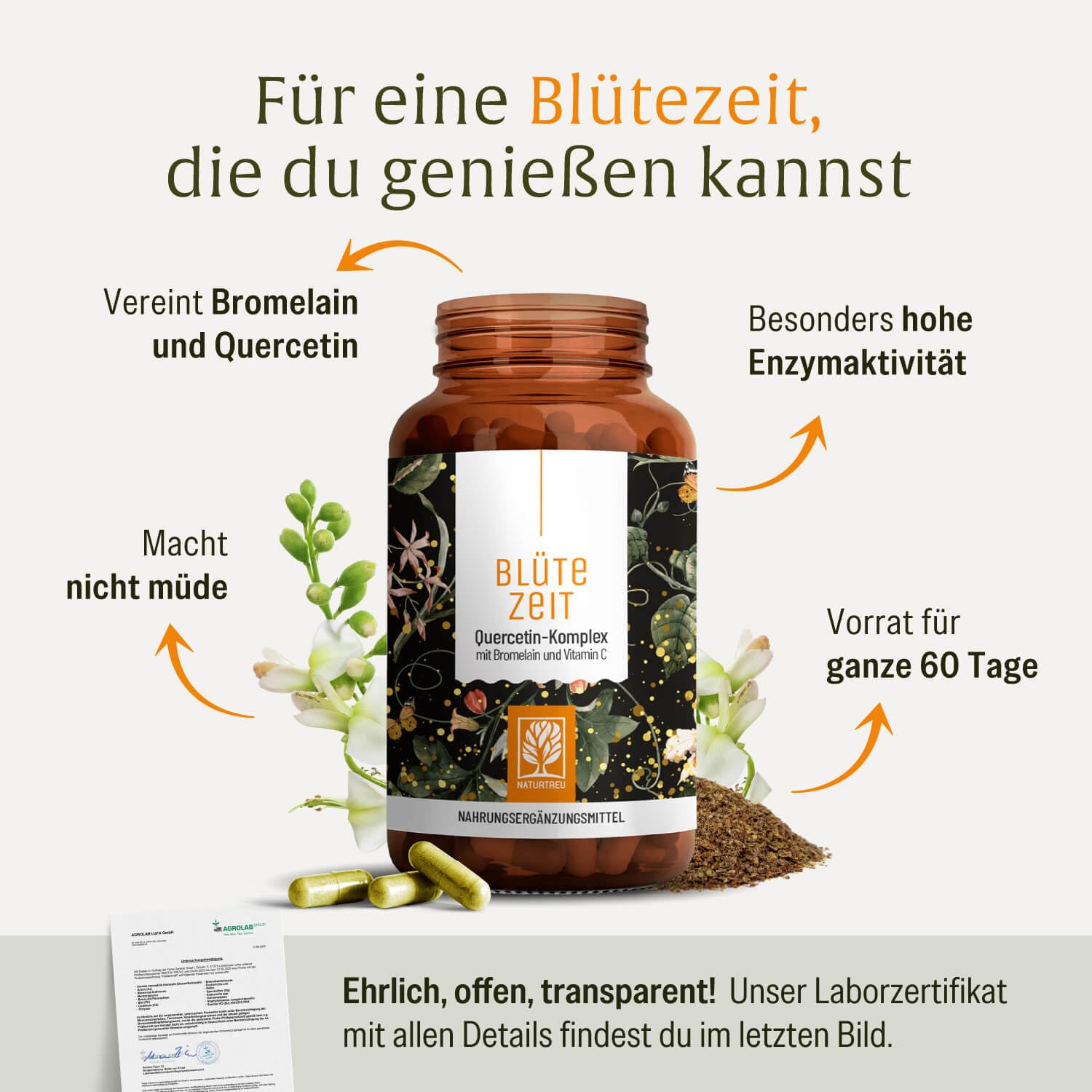 Quercetin Bromelain Komplex 120 Kapseln Vegan - 500mg Quercetin hochdosiert, 100mg Bromelain und 16mg Vitamin C pro Tagesdosis - Blütezeit von Naturtreu