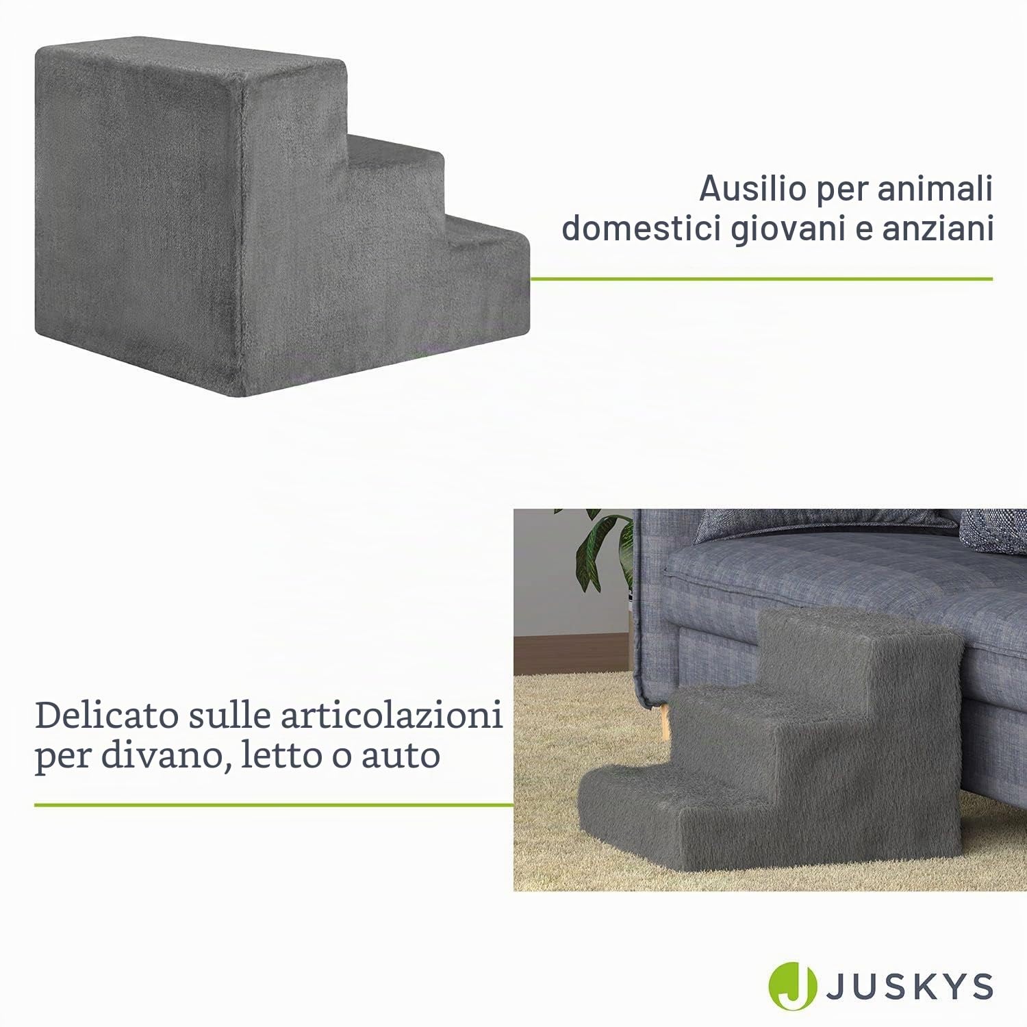 Scaletta per animali Juskys, 36 cm, a 3 gradini con peluche lavabile, per cani e gatti, ideale per letto, divano, sofà e auto - Rivestimento grigio