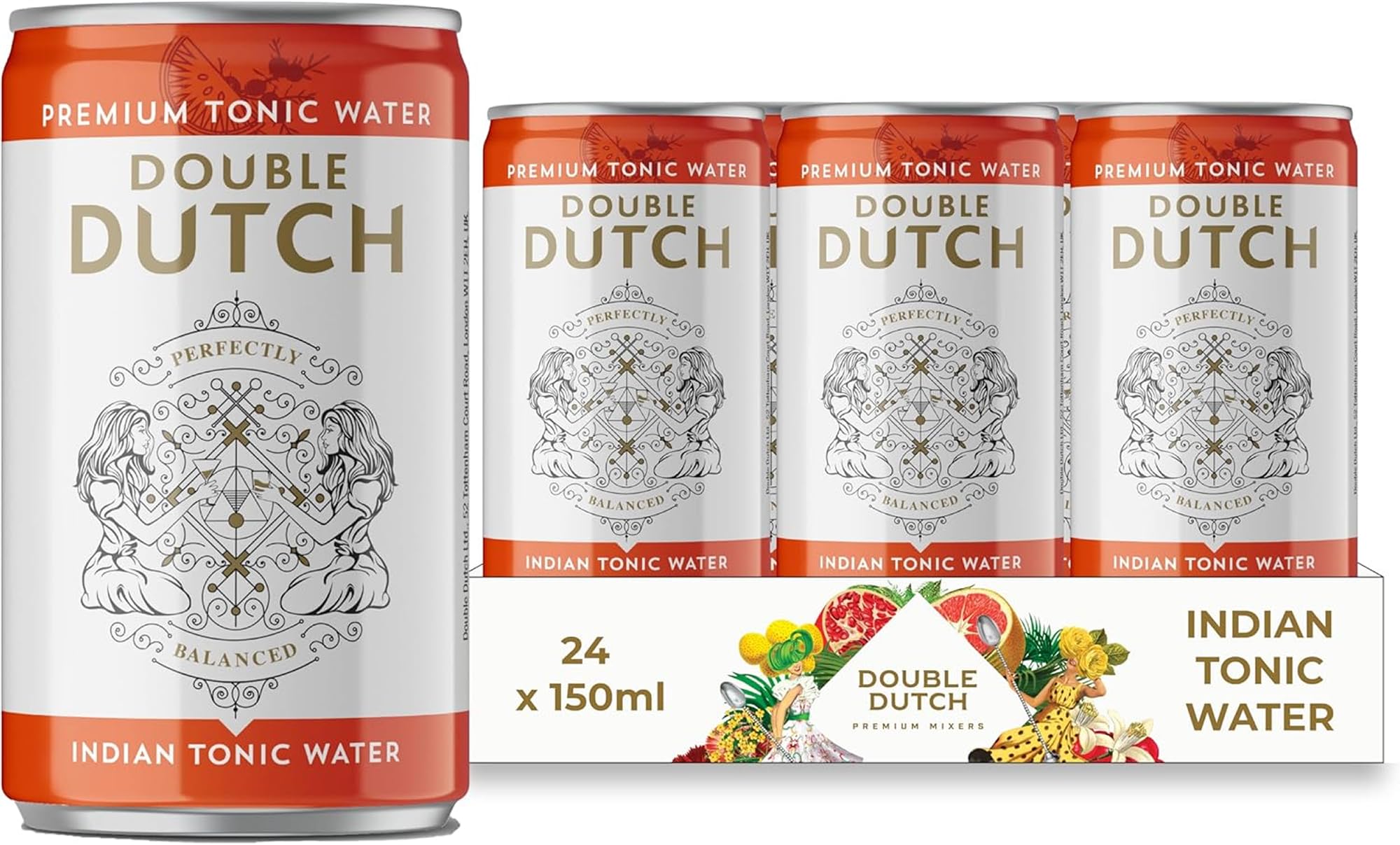 Double Dutch Indian Tonic Water | Classic Indian Tonic Water with Natural Bitterness | Gluten Free, Vegan Friendly Premium Mixer Perfect For Gin & Cocktails | 24 x 150ml Cans