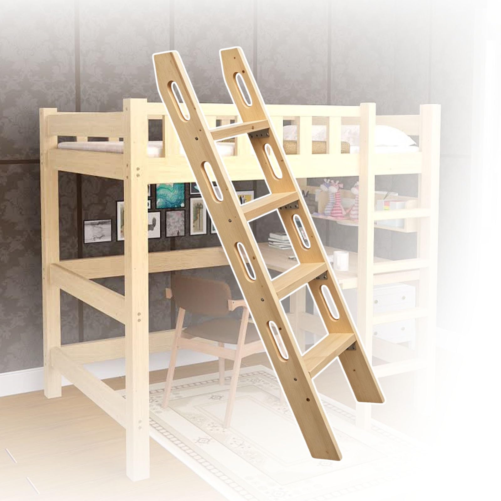 Escalera de Madera para litera o Cama Alta, Taburete Escalonado de Madera Maciza con peldaños Anchos Antideslizantes, Escalera de Repuesto para Autocaravana o Camping(1.4m)