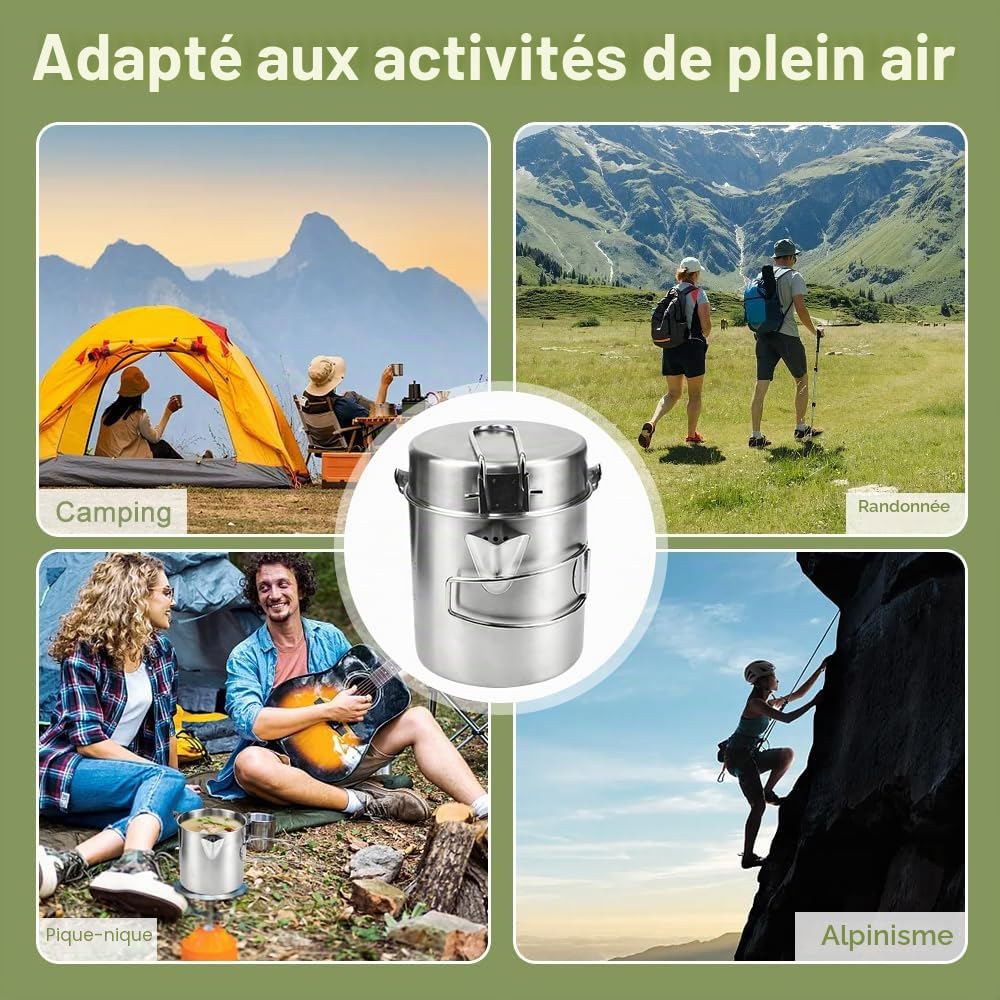 LANSKYLAN Casserole Camping 15.5x11cm, Popote Randonnée en Acier INOX, Popote Camping avec Poignée Pliable, Casserole de Randonnée 1-2 Personnes, Popote Bivouac Portable, pour Cuisson Pique-Nique