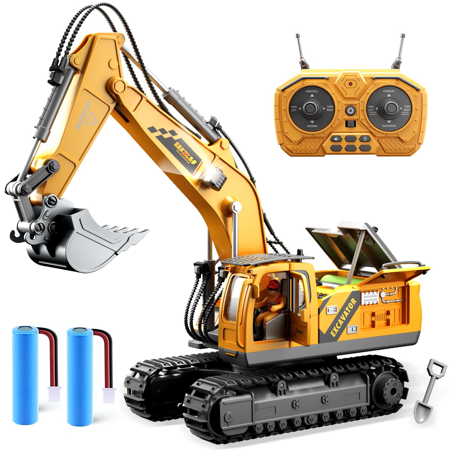 12 Channel Remote Control Excavator, Construction Toys with Metal Shovel, Realistic Lights & Sounds, Includes 2 Batteries, Toys for 3 4 5 6 7 8 9 10 11 12 Year Old Boys, Birthday Gift