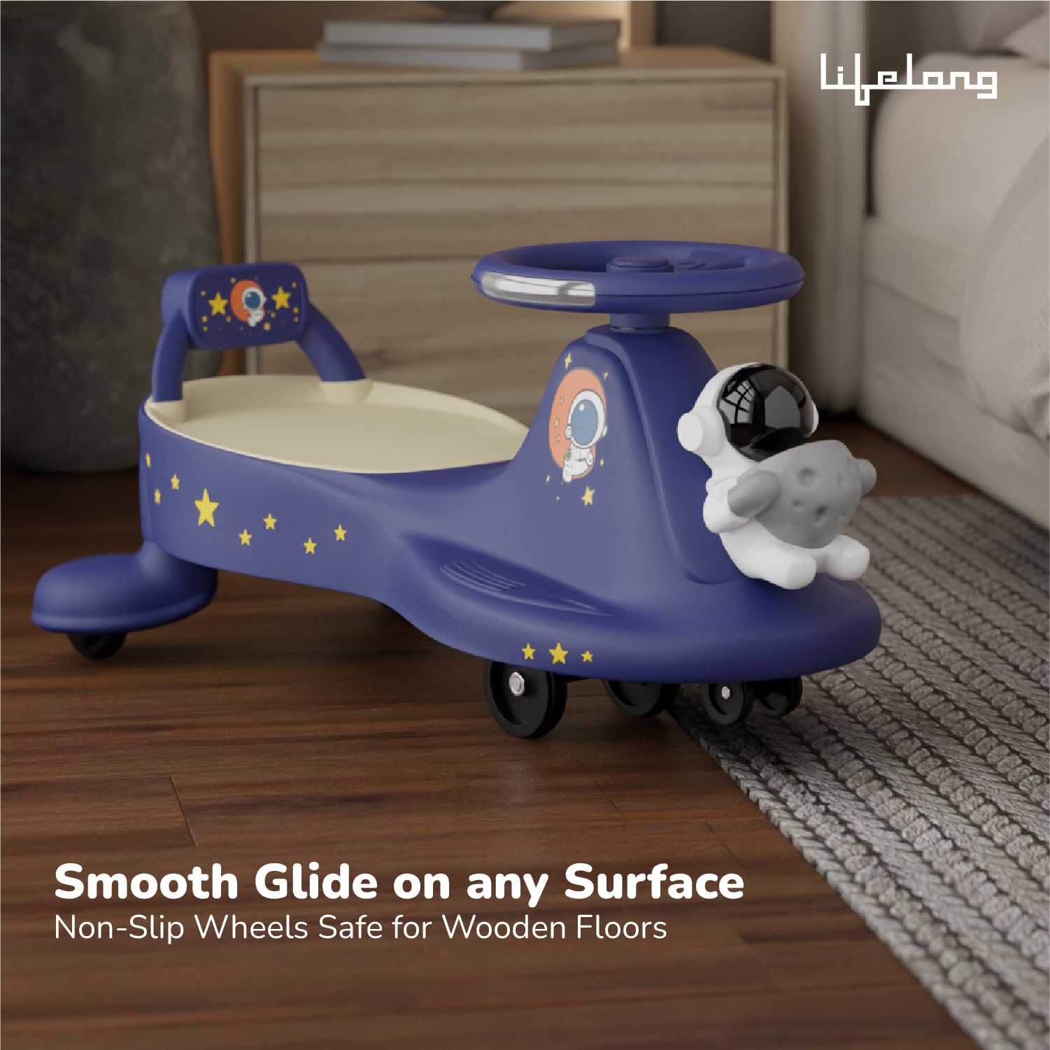 Lifelong Astro Swing Car Ride On for Kids| Space Theme | Comfort Backrest | Silky-Smooth Wheels | Kid-Powered Magic Twist Car, Pure Play Experience, 2 to 6 Years Boys & Girls,100 Kg Capacity — Amazon image 5