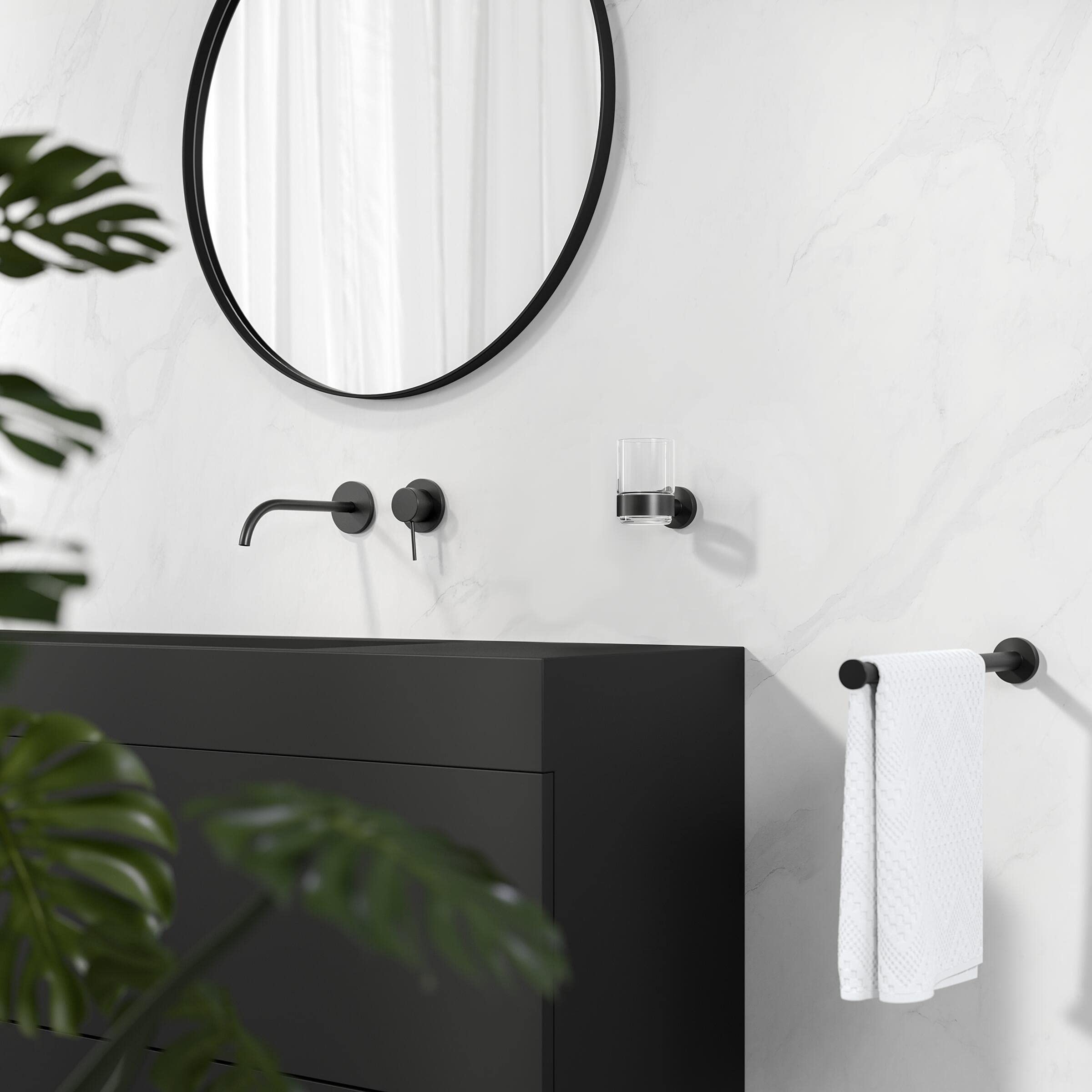 Geesa Nemox Becherhalter, Zahnputzbecher aus Glas, Halter aus Edelstahl, Farbe: Schwarz, 66 x 98 x 102 mm