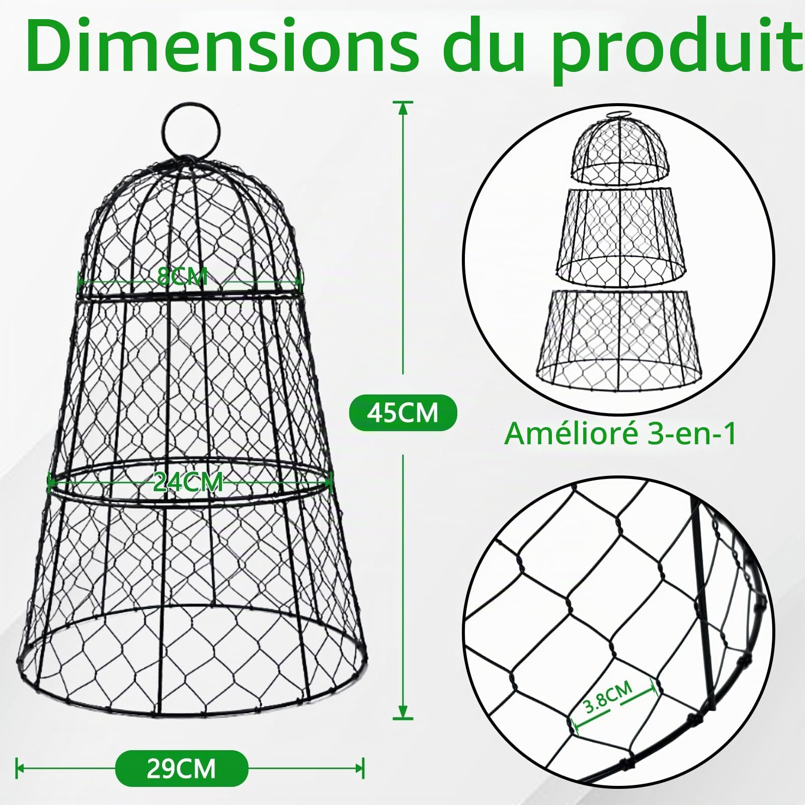 Lot de 3 cloches de jardin de 45 x 29 x 29 cm pour plantes, triple combinaison améliorée, cloches en maille antirouille avec couvercle à charnière, cage de protection des plantes contre