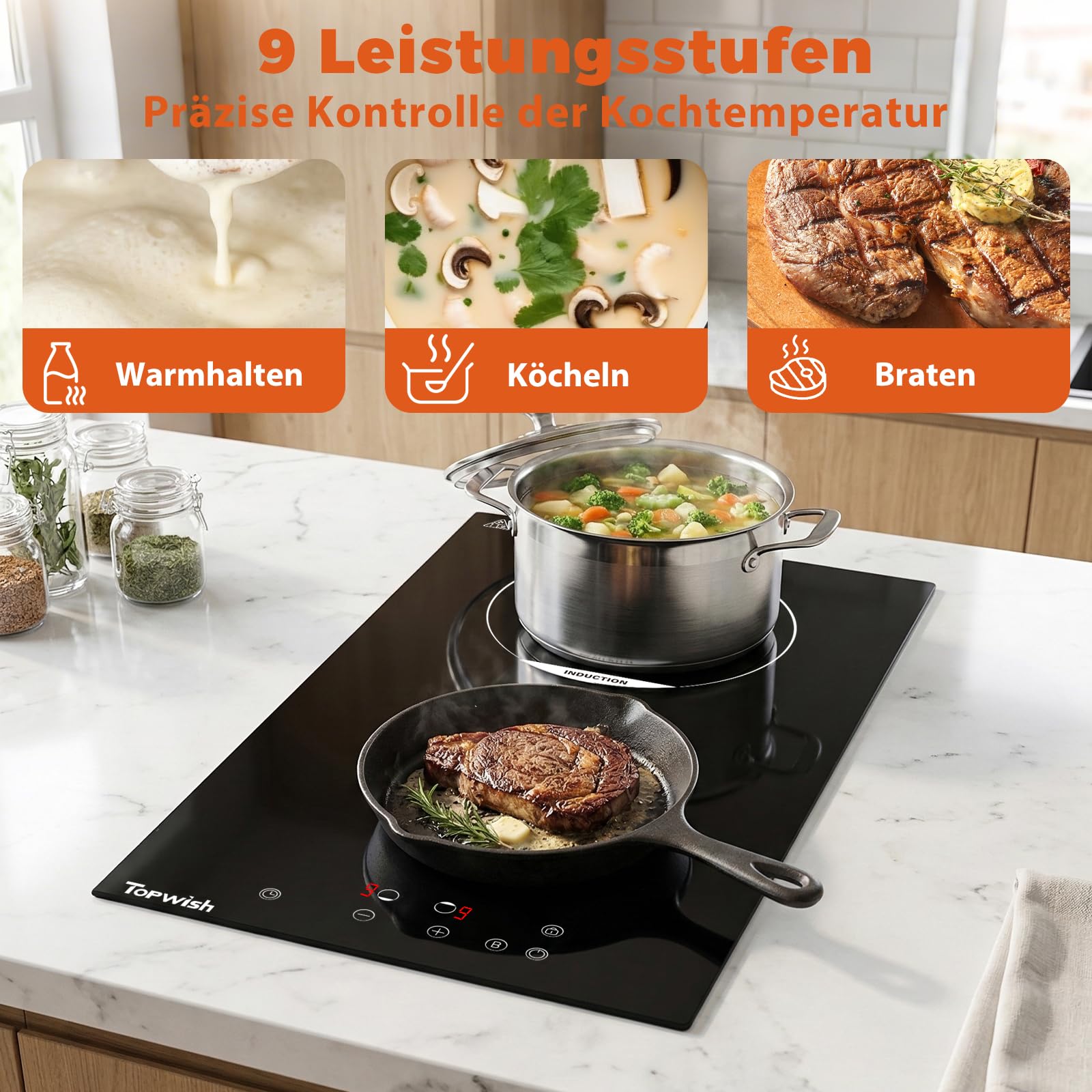 Bosot Induktionskochplatte 2 Platten Einbau 3500W 30cm mit Kindersicherung Restwärmeanzeige