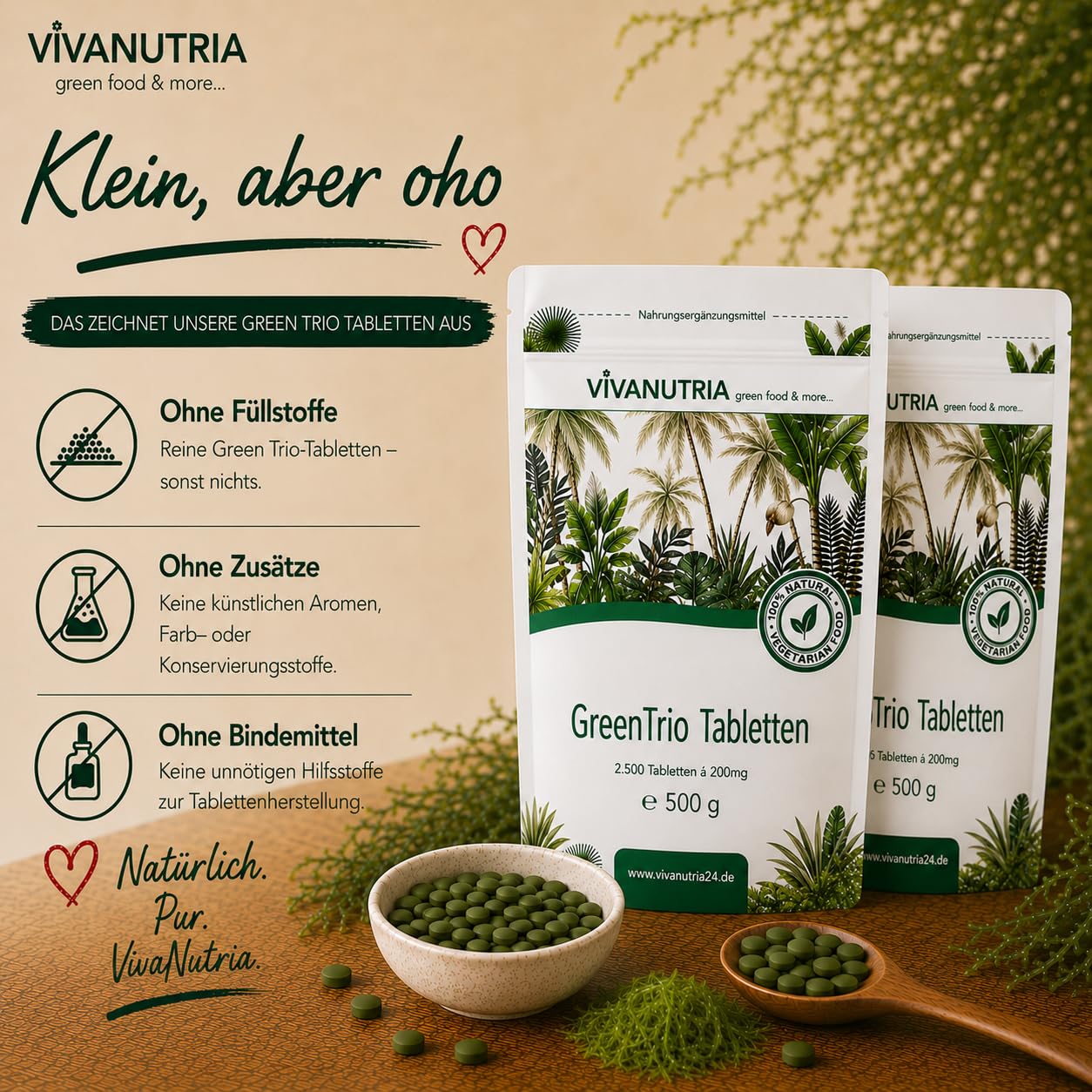 VivaNutria Green Trio Presslinge 1000g | aus kontrolliertem Anbau I 5000 Tabletten aus Spirulina Chlorella & Gerstengras ohne Zusätze I schonend verarbeitet und Rohkostqualität I vegan